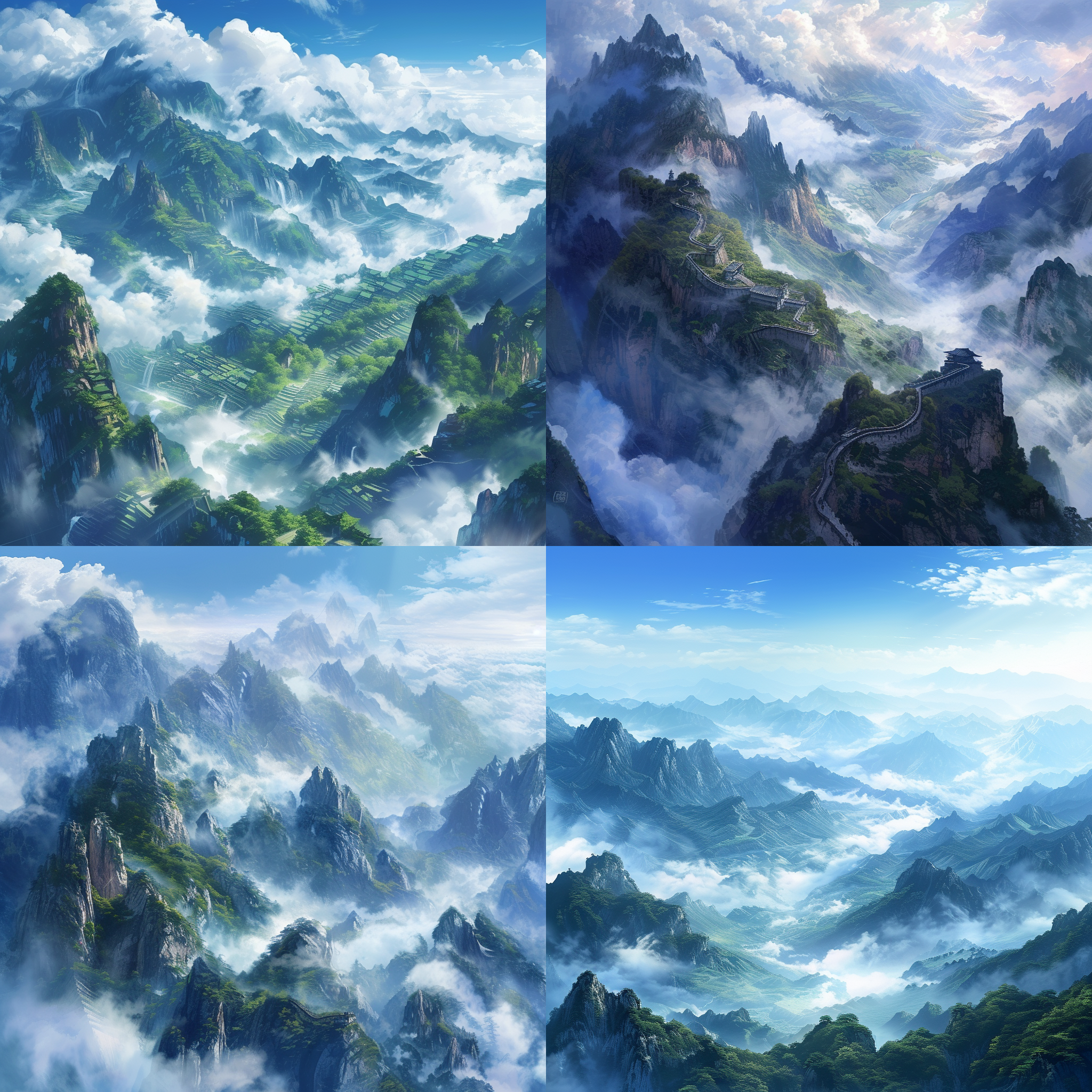 prompt. 航拍视角, 壁纸风格, 蓝天白云, 山间有晨雾, 细节丰富, 远景近景对比, 明亮色调, 国风插画, 龙脊梯田, 宏伟壮观, 自然光线, 和谐平衡。