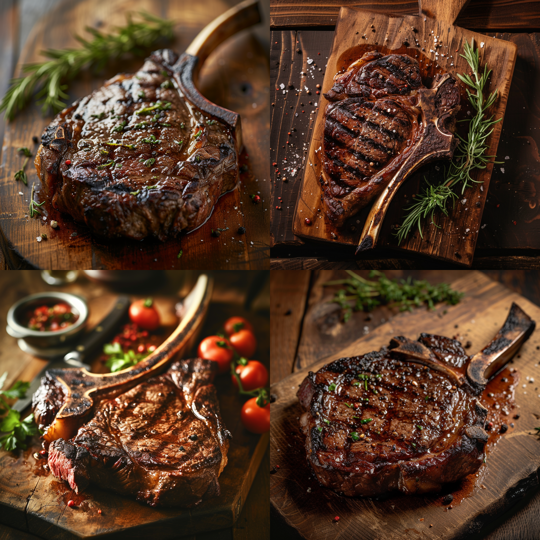 prompt. 美味战斧牛排，高角度俯视，木质桌面，自然光，细节丰富，烤炉烤痕，肉质鲜嫩，烤焦外皮，复古色调，食欲，享受。