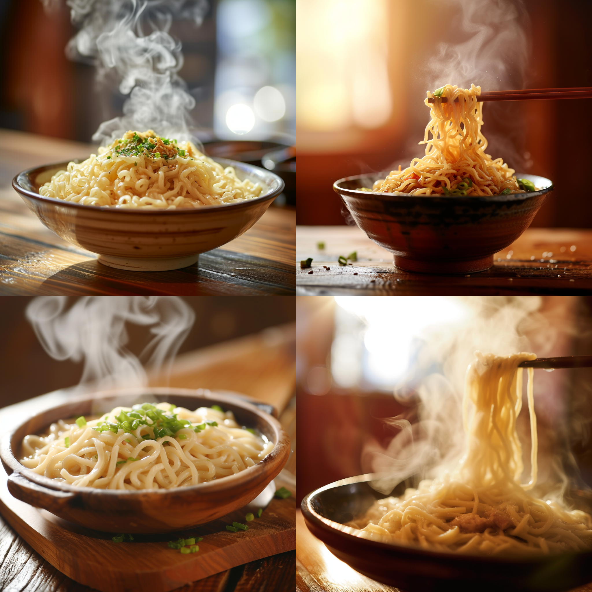 prompt. 美味拉面，特写，高清晰度，木制桌子上，暖色调，50mm镜头，自然光，蒸汽飘动，细致呈现，食欲，滋味。