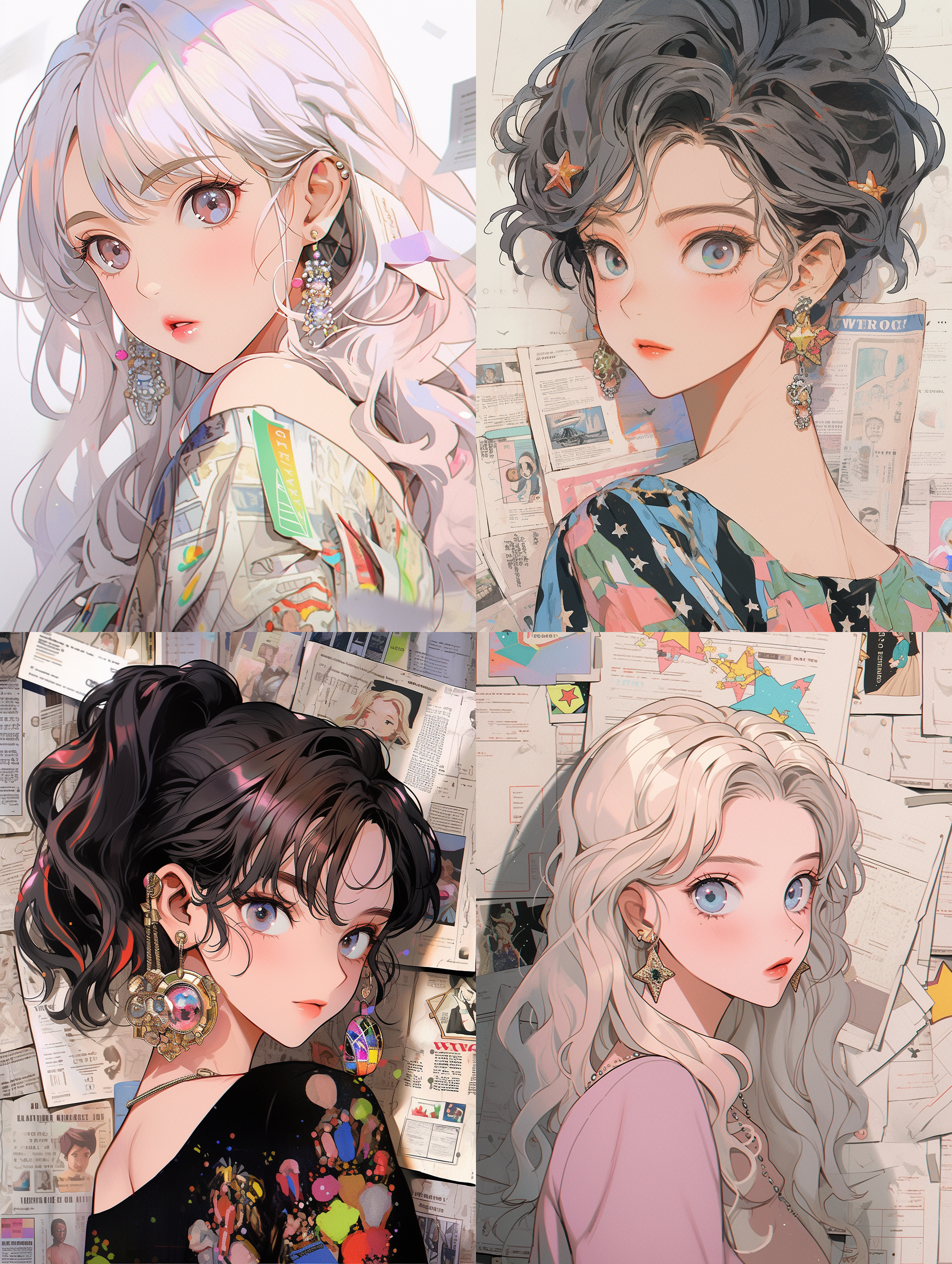 一个漂亮的动漫女孩，以怀旧报纸墙为背景，花哨的宝石耳环，精致的眼睛，美丽的脸，渐变头发，星星发饰，淡淡的腮红，宫崎骏风格，梦幻的写实主义，细节，肖像，乐观的，莫兰迪的配色，32k
