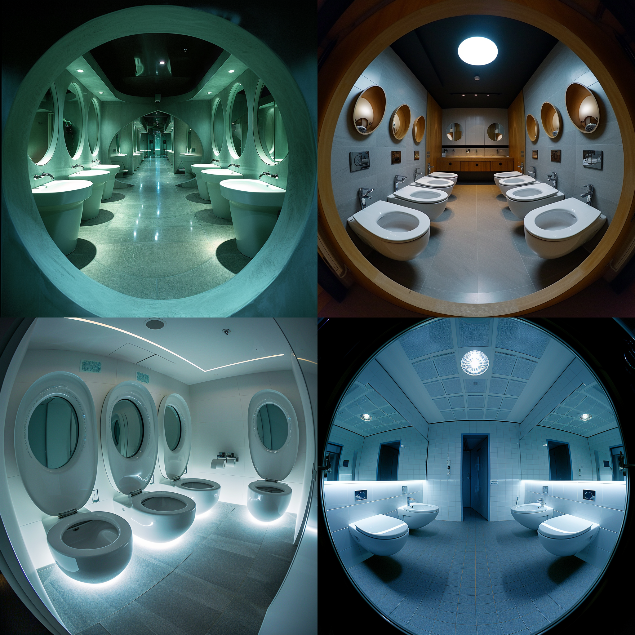 prompt. 多个马桶，环绕式布局，现代设计，卫生间内部，冷色调，鱼眼镜头，柔和侧光，静态，整齐，简约。