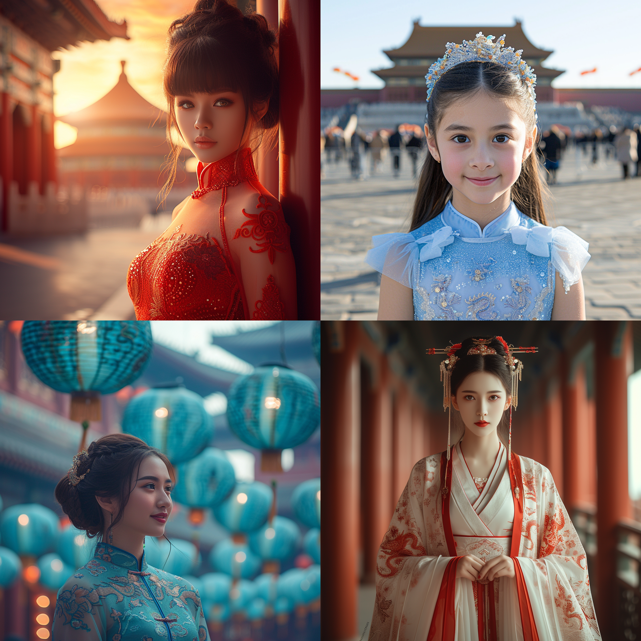 prompt. 东方女孩, 传统服装, 故宫旁, 龙年春节, 肖像模式, 建筑背景, 中长焦镜头, 自然光, 微笑, 绚丽色彩, 喜庆氛围。