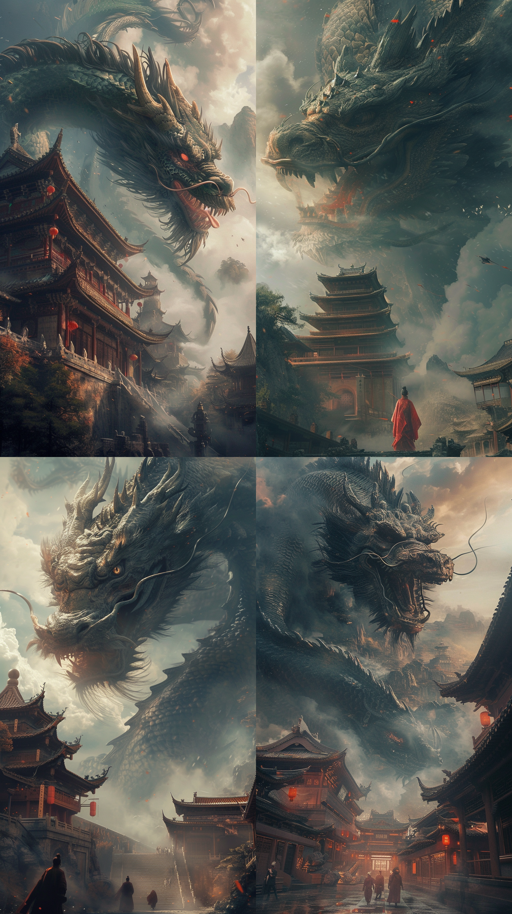 中国古代建筑上方有条中国巨龙，史诗般构图，哑光油画，幻想艺术，电影灯光，c4d渲染，超高分辨率，精细细节，32k，栩栩如生，神秘氛围，暗色调，细腻笔触，壮丽景象。