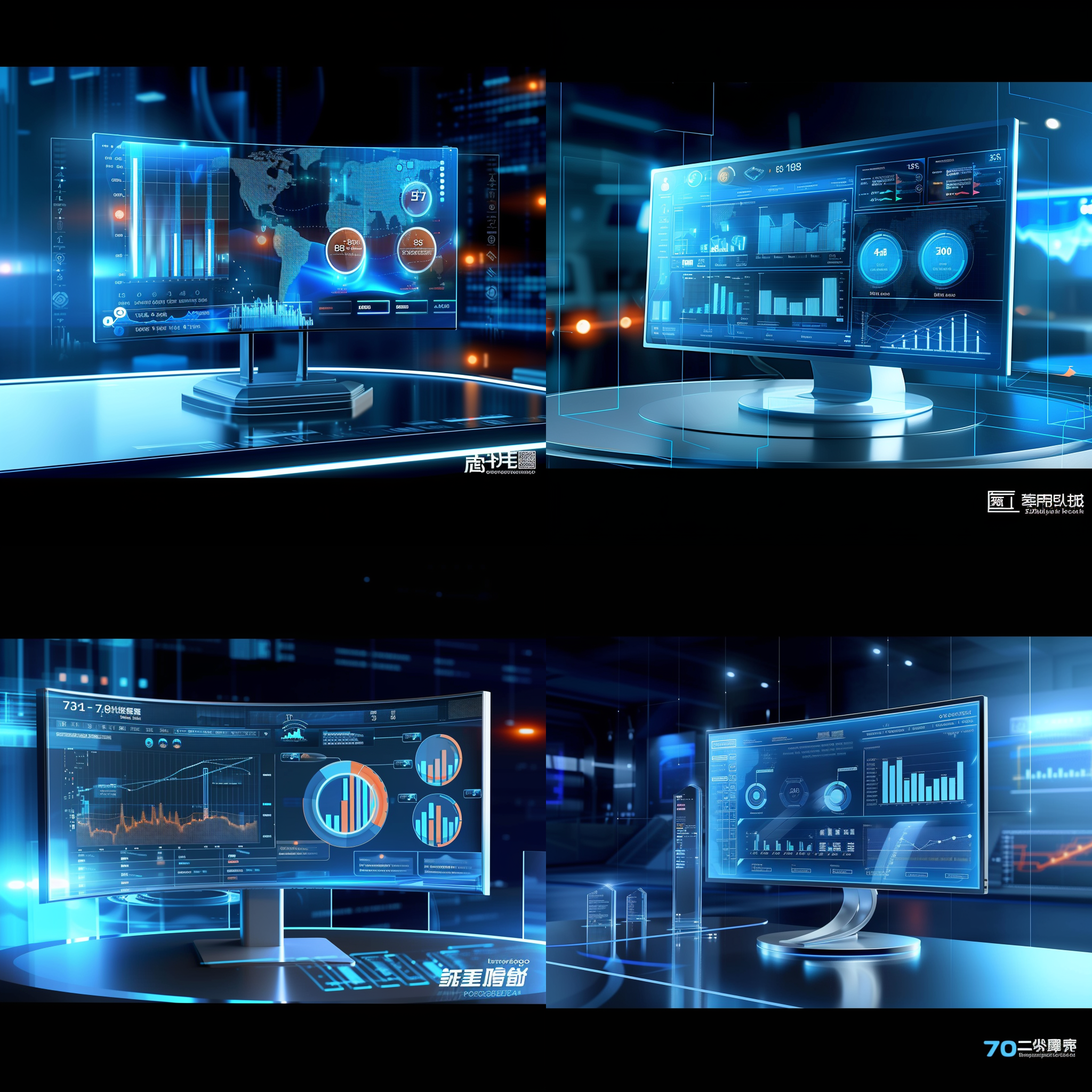 主体：显示器指向屏幕，半透明的柱状图标 描述：数据可视化，立体模式，计算机辅助制造，柔和的氛围场景。 参数：uhd图像，高清，16:9宽高比，原始风格，750像素大小。