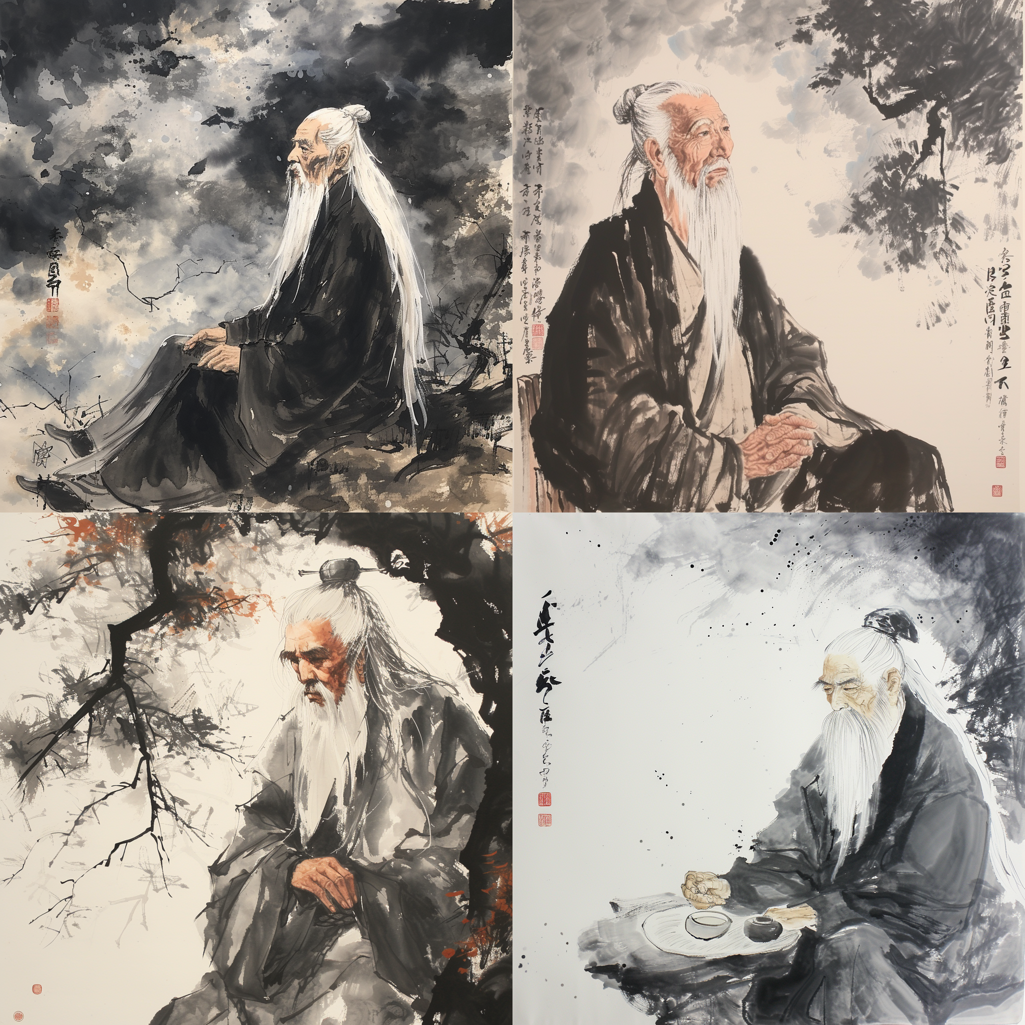 水墨 中国古代诗人 白发 上身