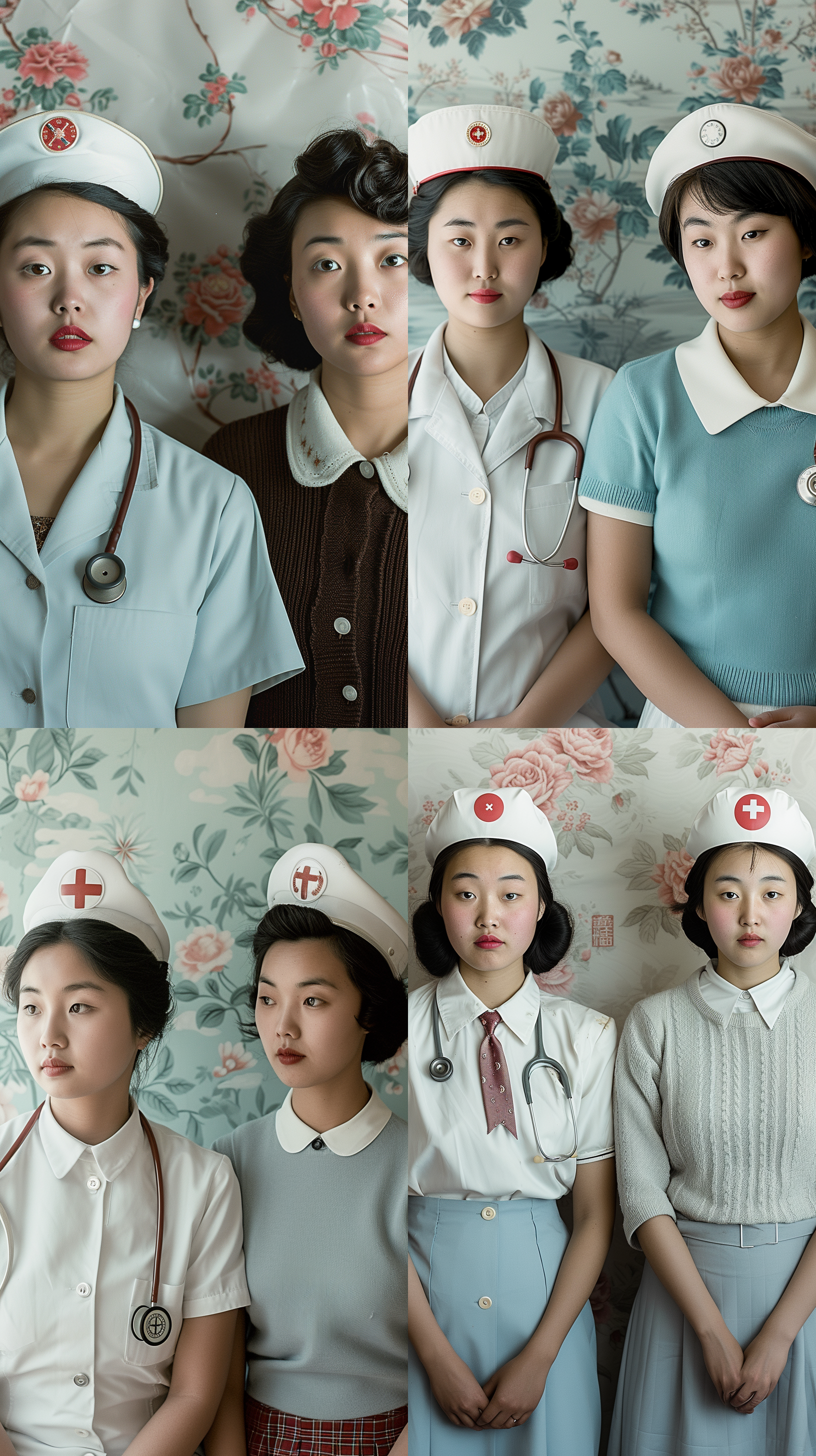 两位中国年龄28岁的妇女，大半身真实照，一个身穿医服，一个身穿毛衣