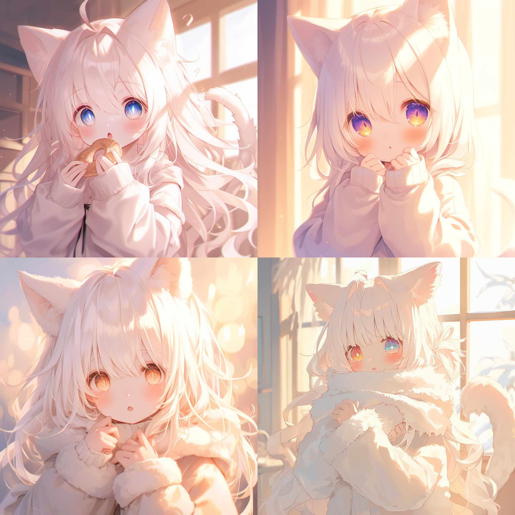 prompt. 白猫女孩，水汪汪大眼，发光眼睛，白瞳，张嘴，好奇，白色猫耳朵，白发，白色猫尾巴，毛茸茸，软乎乎，可爱，小小的一只， 逆光，细节特写，柔和光线，暖色调，抓拍，温馨，童趣，纯真。