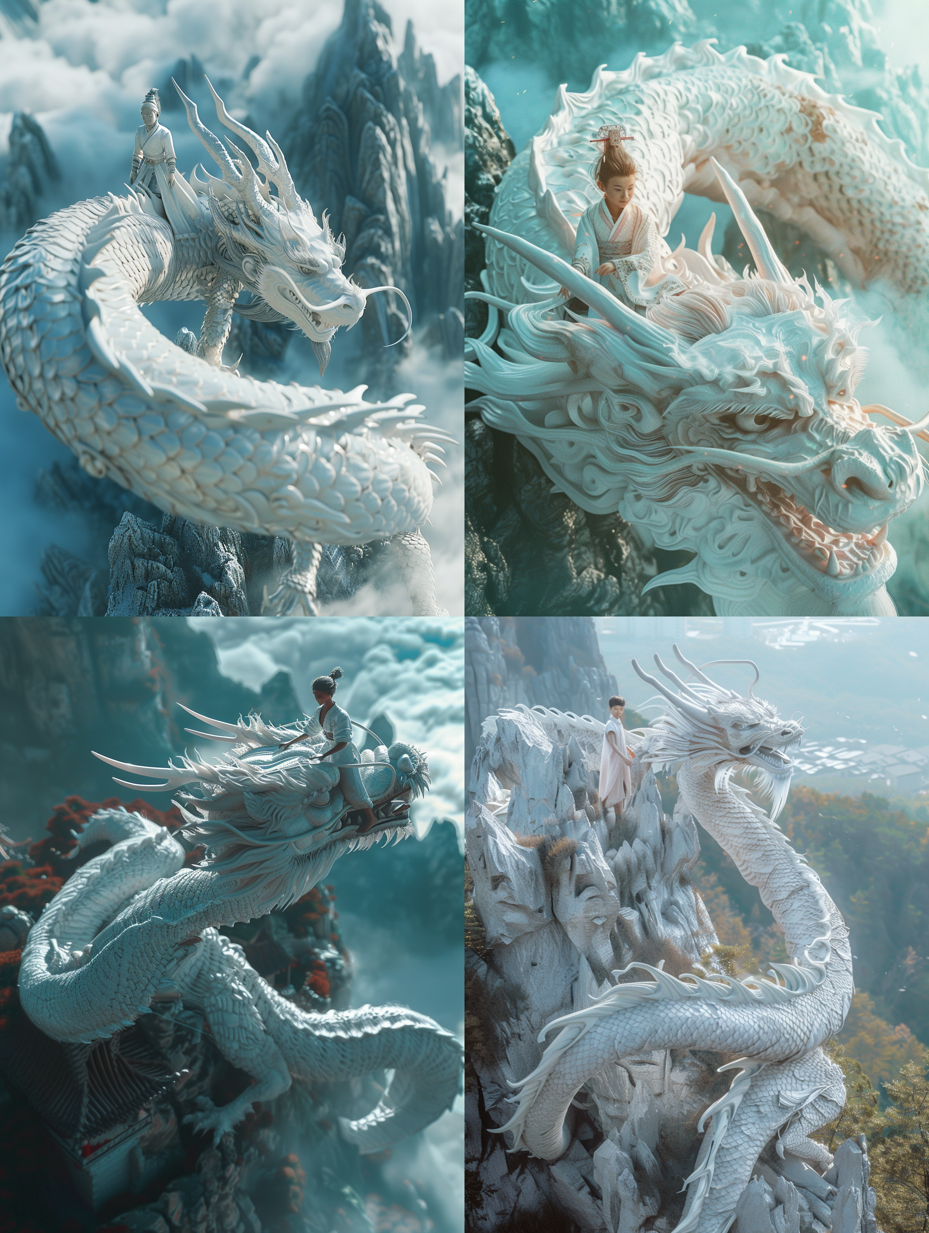 极高视角，远景，男孩骑乘着一条完整的中国白龙，龙是中国神话中神秘和古老的结合，史诗感，电影照明，红移，blender软件，画面下方是人类世界，dji无人机视角，壮丽，超写实，详细描绘，uhd，8k，摄影照片，电影海报