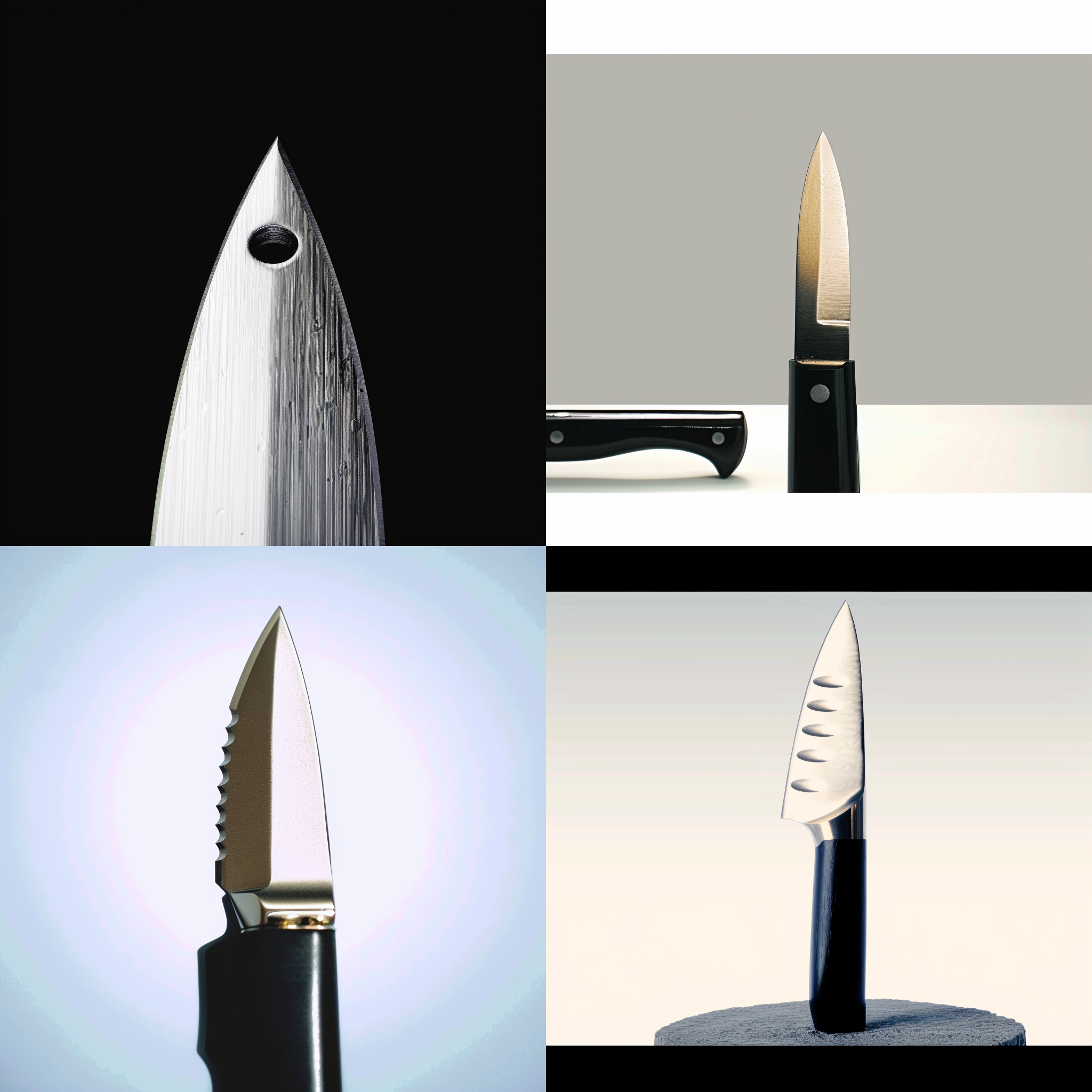 prompt. 一把刀，中心构图，灰色渐变背景，锐利，静态，冷色调，细节丰富，微距镜头，侧光，静谧。