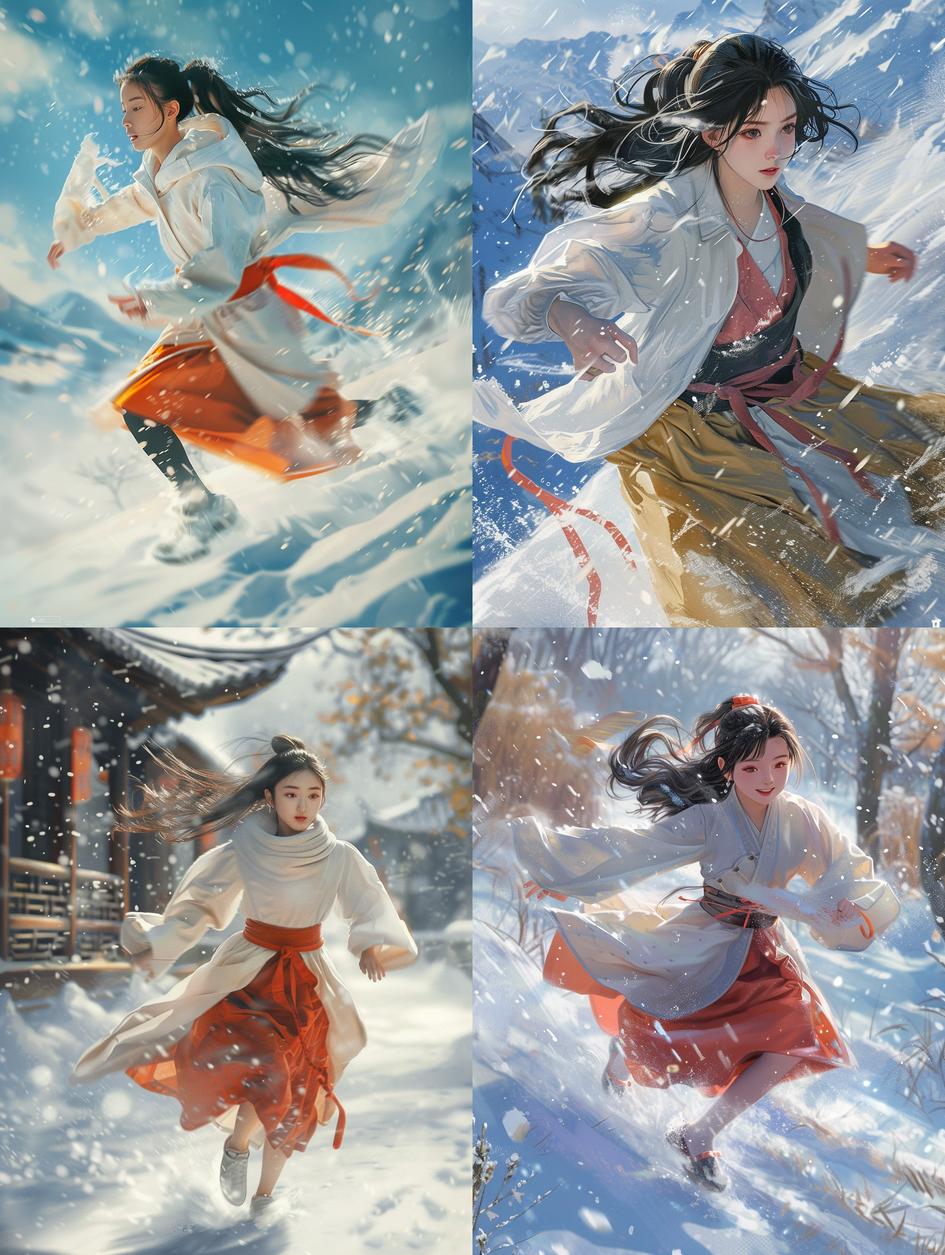 prompt. 中国女孩奔跑，雪地风景，腰部黑色长发，白色风衣，红色围裙，驼色长裙，挪威自然风格，金色调，壮观背景，柔和色彩，橙蓝色调，日式雪景，ar 5:7, v 5.2, s 250, raw
