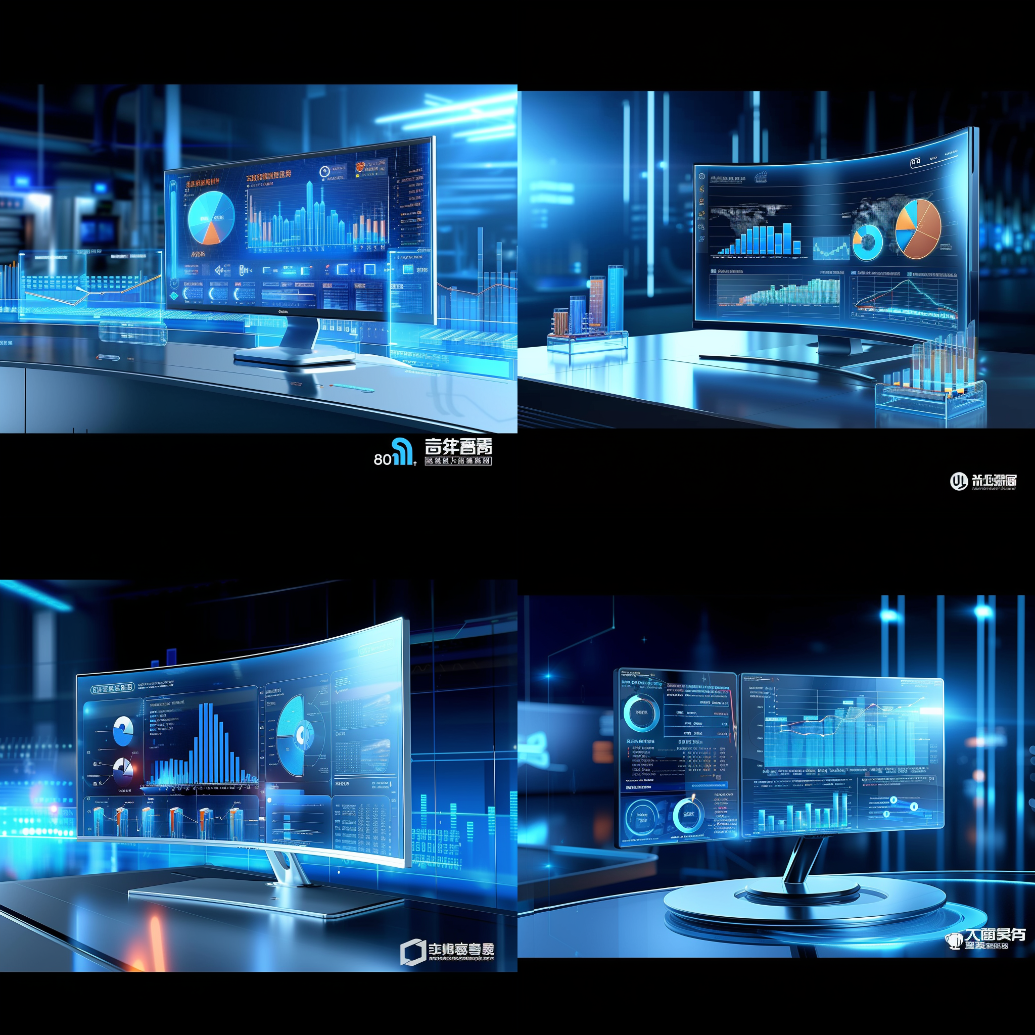 主体：显示器指向屏幕，半透明的柱状图标 描述：数据可视化，立体模式，计算机辅助制造，柔和的氛围场景。 参数：uhd图像，高清，16:9宽高比，原始风格，750像素大小。