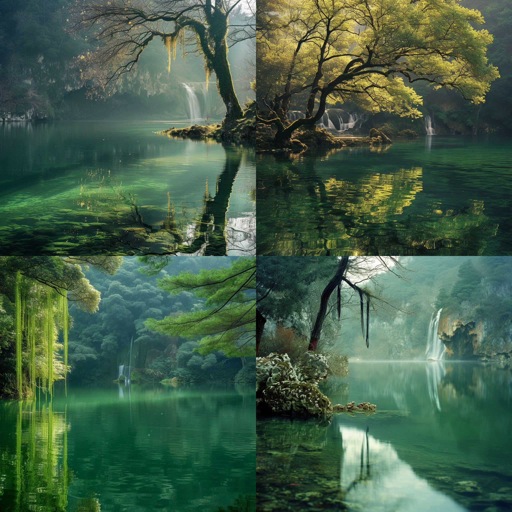 prompt. 春冬之时，素湍绿潭，清倒影，怪柏，悬泉瀑布，飞漱，清荣，茂，趣味，自然光，细节丰富，镜头焦距，对角线构图，静谧，宁静，绿色调。