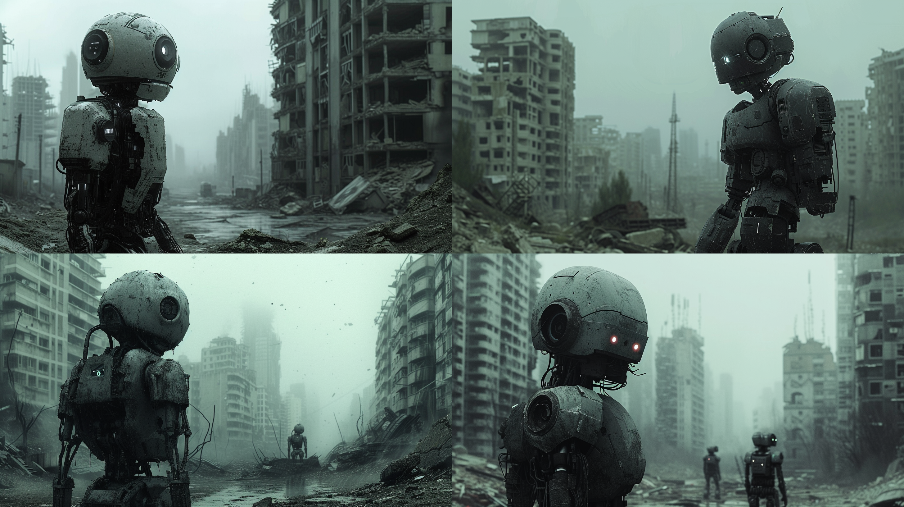 prompt. 机器人在末日城市中行走，电影质感，灰色调，废墟环境，长焦镜头，逆光，孤独，未来感。