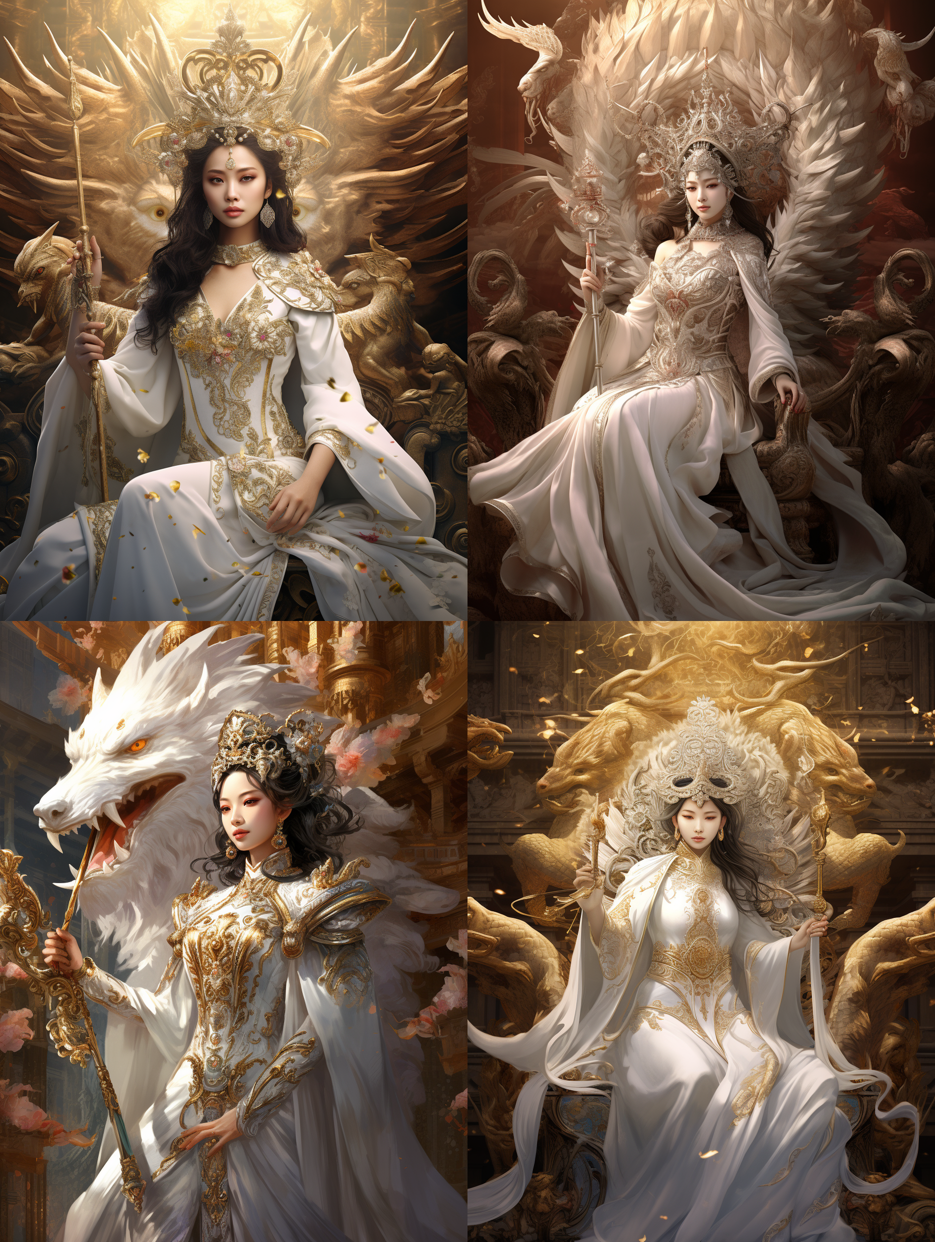 prompt. 亚洲风格皇后，戴皇冠，手持权杖，天宫背景，电影风格，奇幻，神话风格，白色中国龙，壮丽，光影，细节丰富，雄伟。