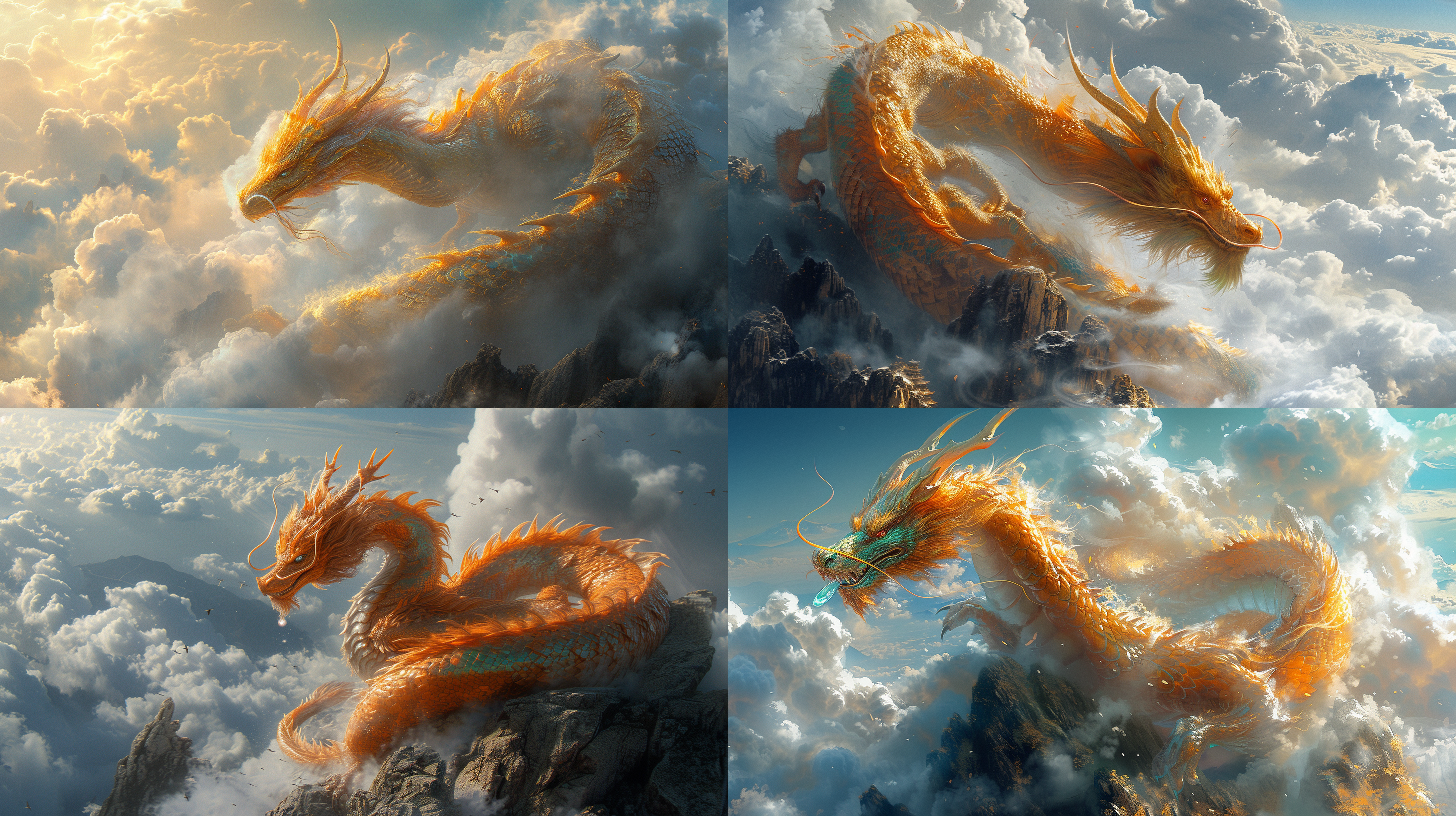 龙盘踞在山巅之上，伸展着壮丽的身躯。绚丽的鳞甲闪烁着金色和翠绿色，龙爪紧握着一颗晶莹剔透的宝珠。身后是浩渺的云海和苍茫的蓝天，烟雾缭绕，气势磅礴。用广角镜头拍摄，突出龙的威严和庞大，色调以暖色为主，充满神秘感和力量感。 龙，山巅，金色，翠绿色，宝珠，云海，蓝天，烟雾缭绕，广角镜头，暖色调，神秘感，力量感