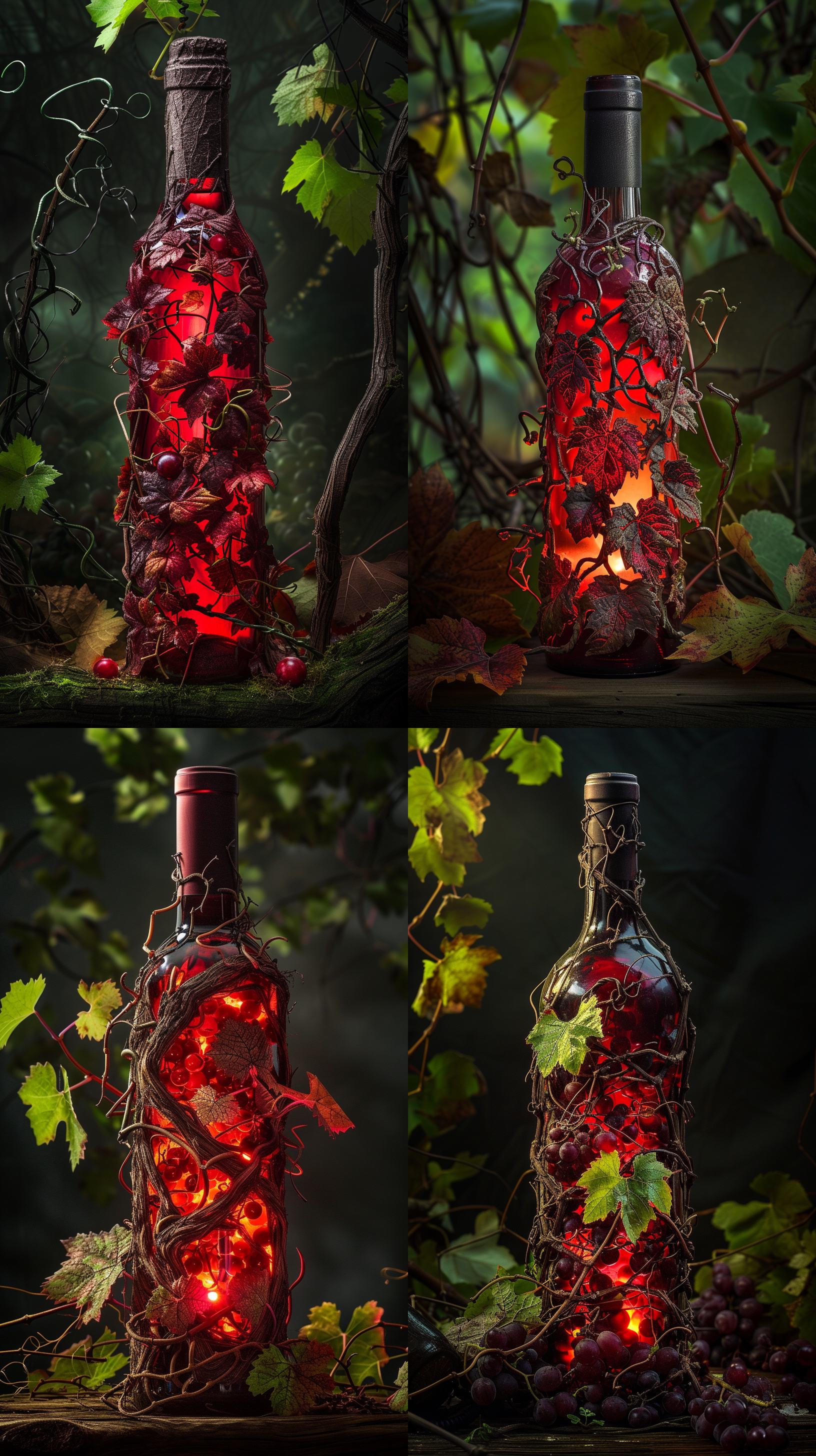 镂空的红酒瓶，由葡萄藤缠绕而成，创意构图，真实光影，创意广告，细节丰富，微距镜头，对比色，艺术氛围，独特风格。
