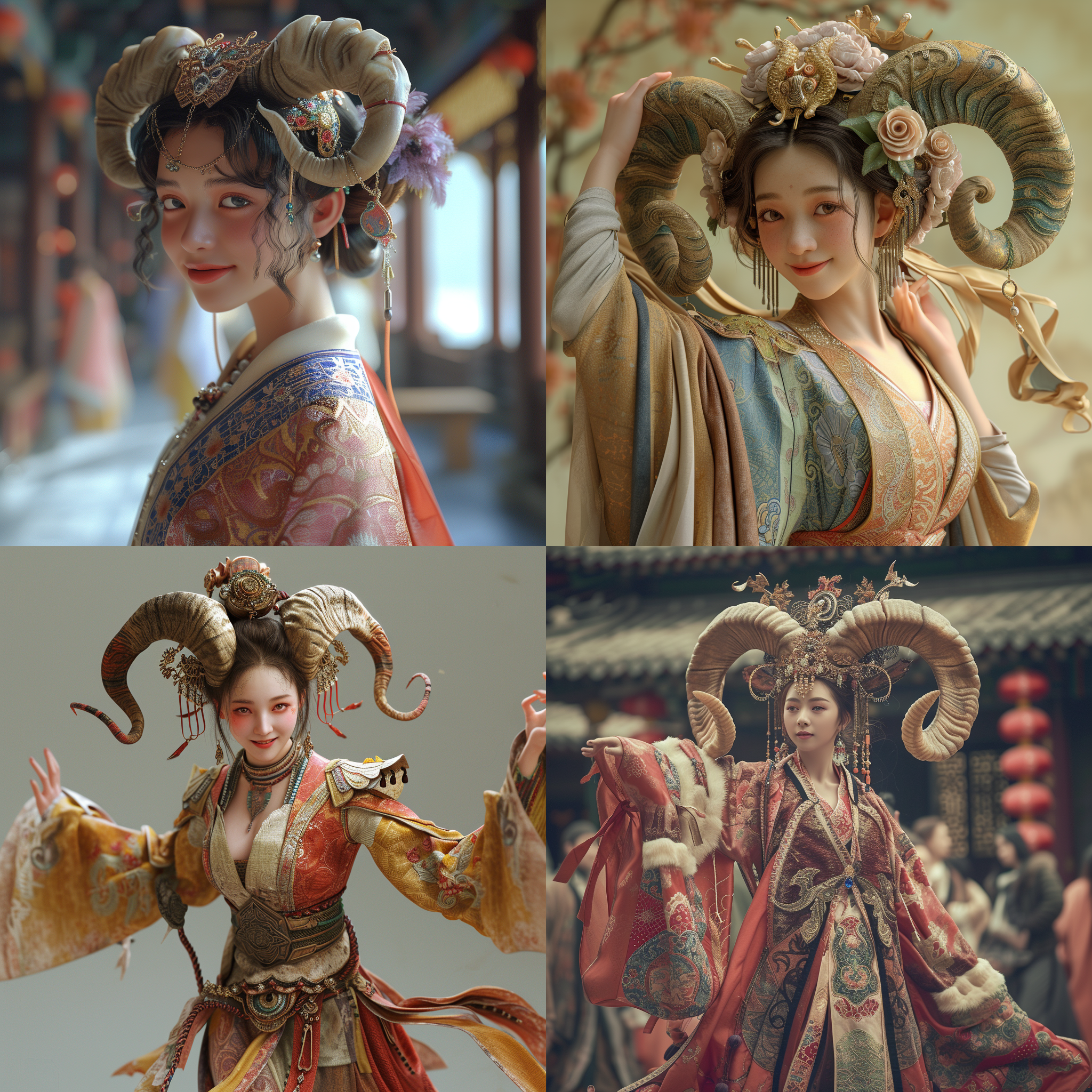 prompt. 古装女子跃起，微笑面向观众，头戴复杂神秘的羊角头饰，汉服，高细节，masteracy 4k，ar 3:4，v 6.0，s750，style raw。