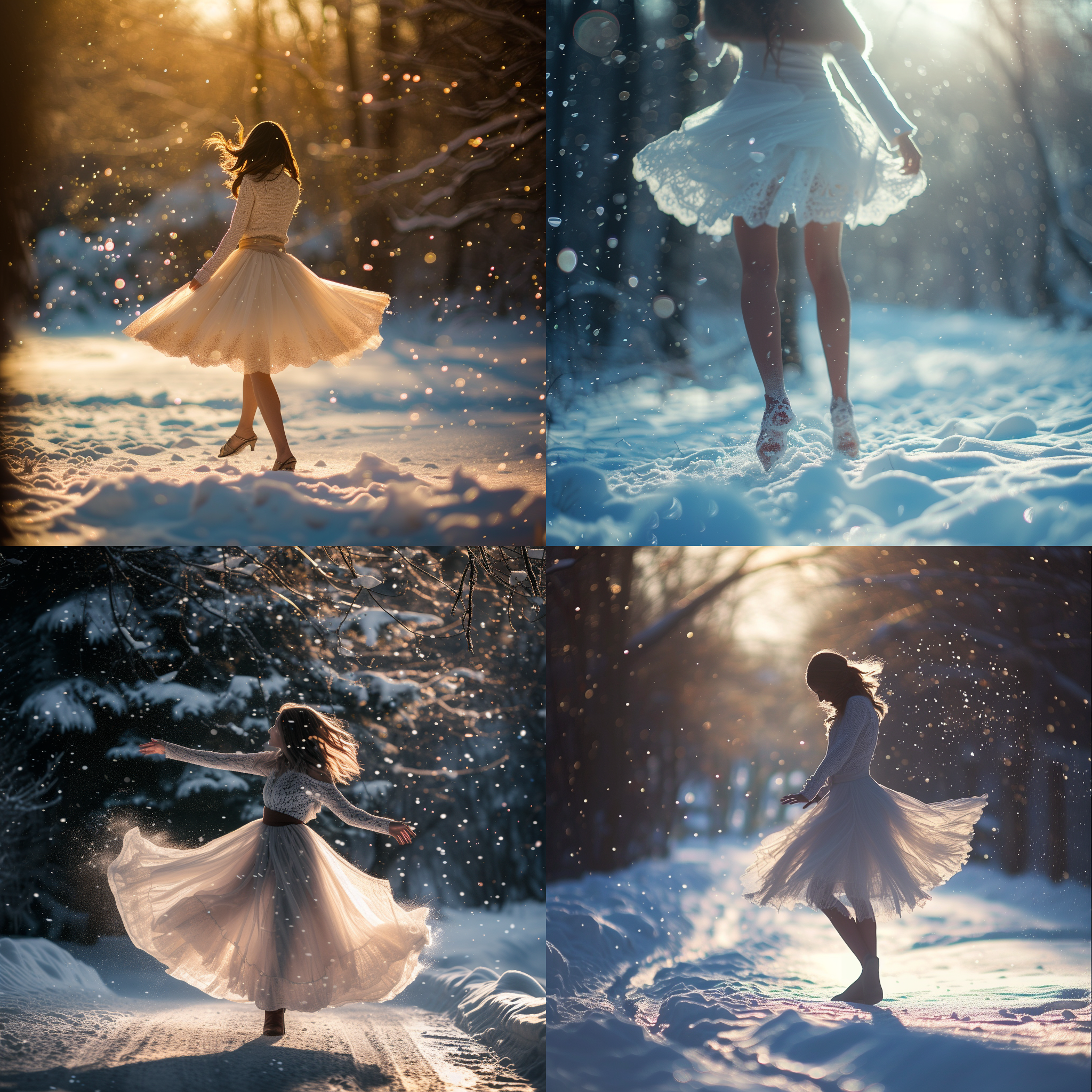 prompt. 小蛮腰雪景，垂直构图，大光圈，雪地上，冷色调，长焦镜头，逆光，舞动裙摆，纯净。