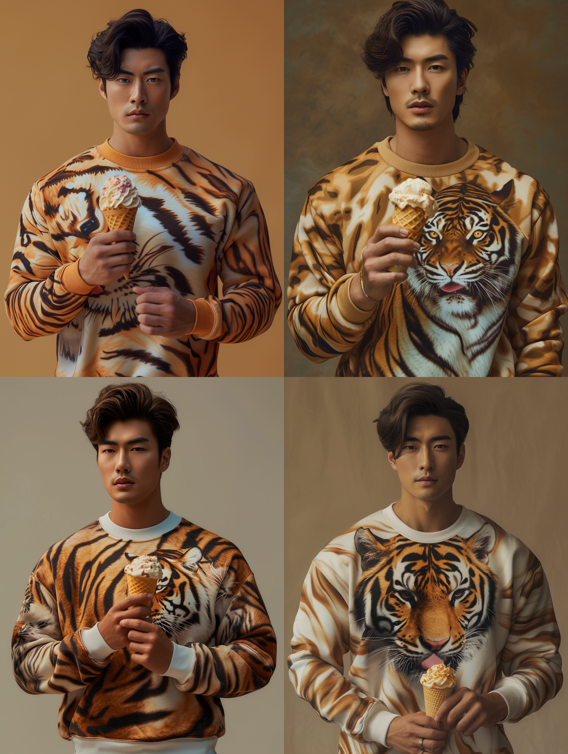 英俊的亚洲男人，修身的汗背心，老虎头的图案，肌肉，拿着冰淇淋，精致的发型，逼真的摄影风格，丰富的细节
