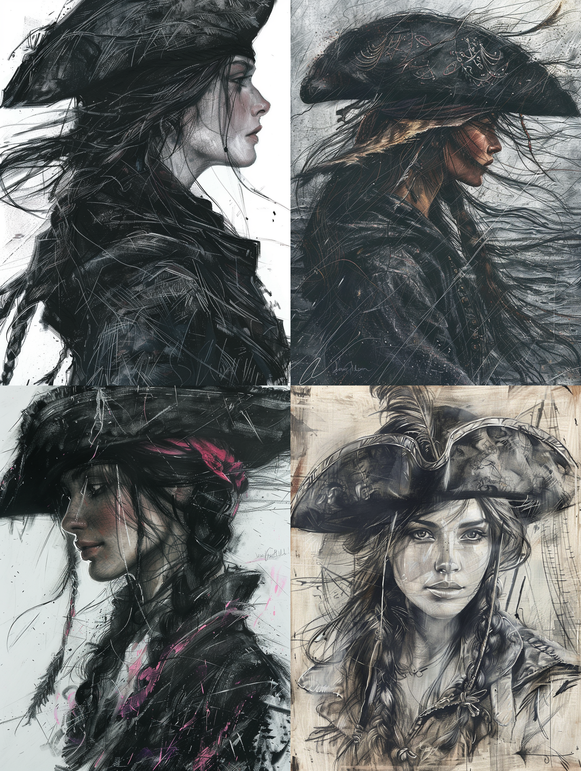 女孩单人，长辫子，现实主义，帽子，长发，素描风格，木炭线条，强烈黑色，高度详细线条，carne griffiths，wadim kashim质感，carl larsson构图，古船，黑帆，海盗船长，风帽，头发，风，海洋，动态，大风雨，pascal blanche超写实角色，粉彩，优雅，戏剧性光影，灰度，表现力视角，哑光，概念艺术，消除。