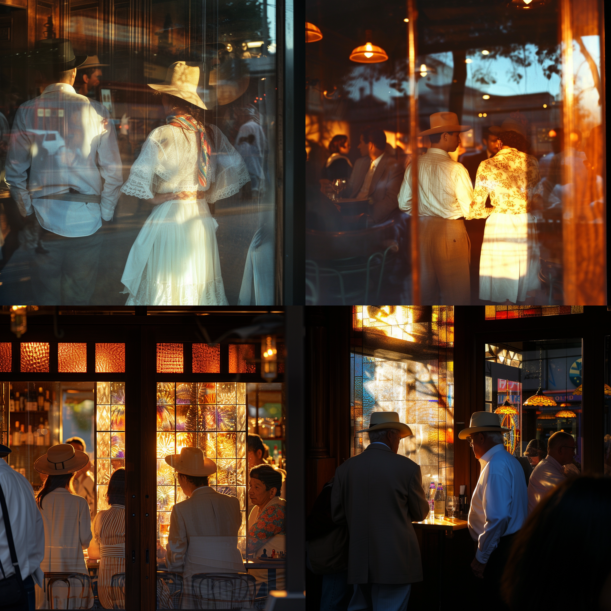 夕阳透过印花玻璃窗，投射在男女的脸上、男士西装和女士白色裙子上。女生戴着米色帽子，也留下了光影，女士彩色的围巾正好在明暗交汇处。西餐厅里暖色灯光照亮整个场景，门边的木雕精细而繁复，光线照射下形成明暗不同的色调。夕阳穿过窗户，营造出浪漫而温馨的氛围。夕阳、影子、男女、窗户、玻璃、西装、裙子、帽子、灯光、木雕、明暗、色调、浪漫、温馨