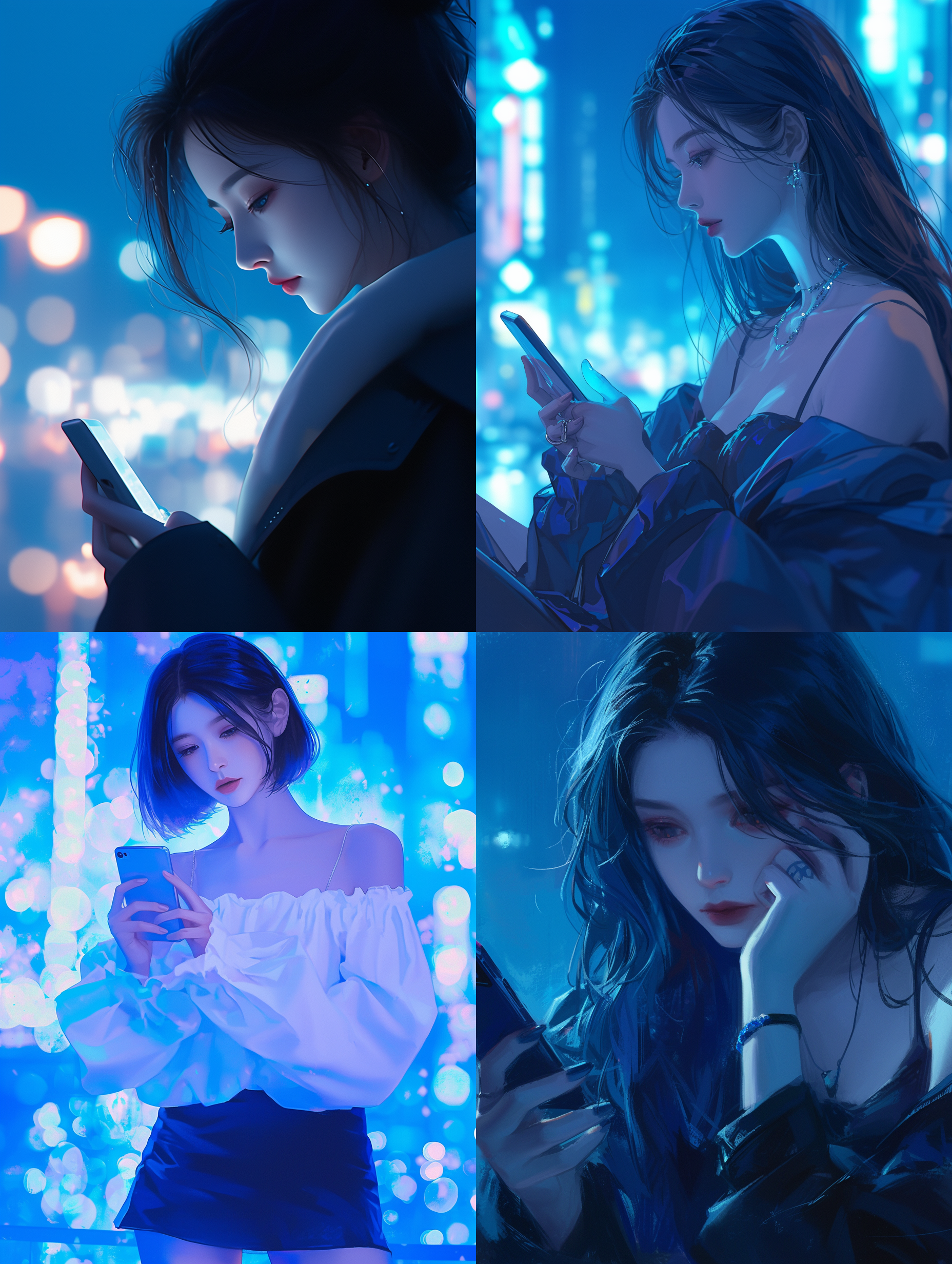 prompt. 夜幕中的女子在街头使用智能手机，张静那风格，深白和深蓝色调，夜核心，视频，可爱梦幻，岳晓飞，清晰干净外观，ar 1:1，s 180。