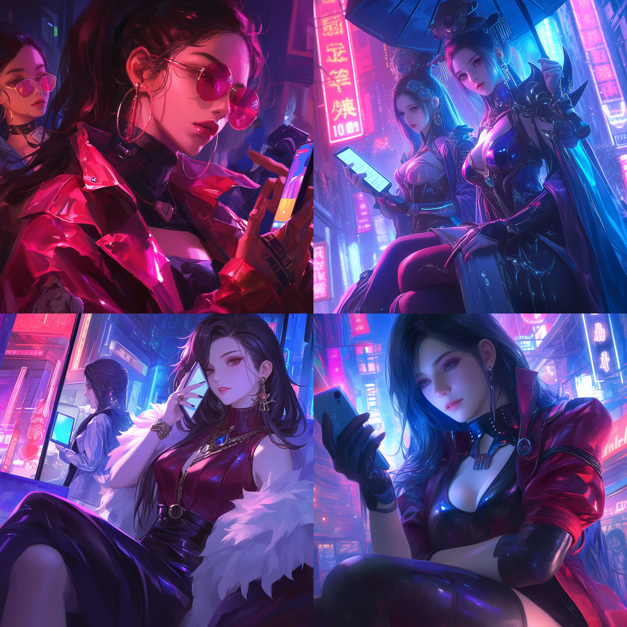 prompt. 赛博朋克风，夜晚街头，御姐风女子玩智能手机，深红深蓝色调，柳岩风格，人物特写，视频拍摄，幻想，玄幻引擎，清晰外观，ar 1:1，s 180。