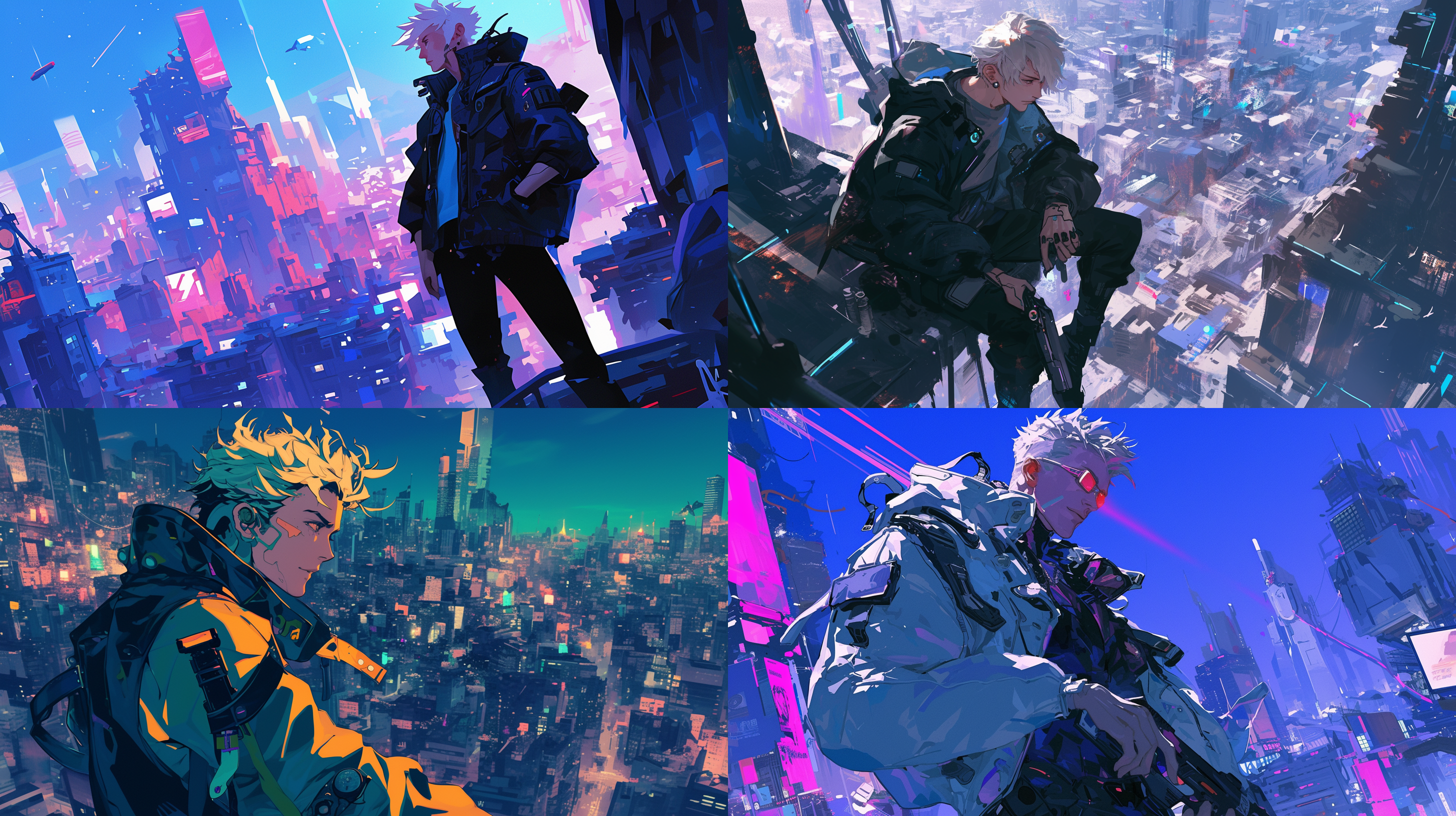 西方玄幻风格 赛博朋克 白发 少年 霓虹灯 高楼 激光 超扁平 动画艺术 二维插图 阿普 米勒