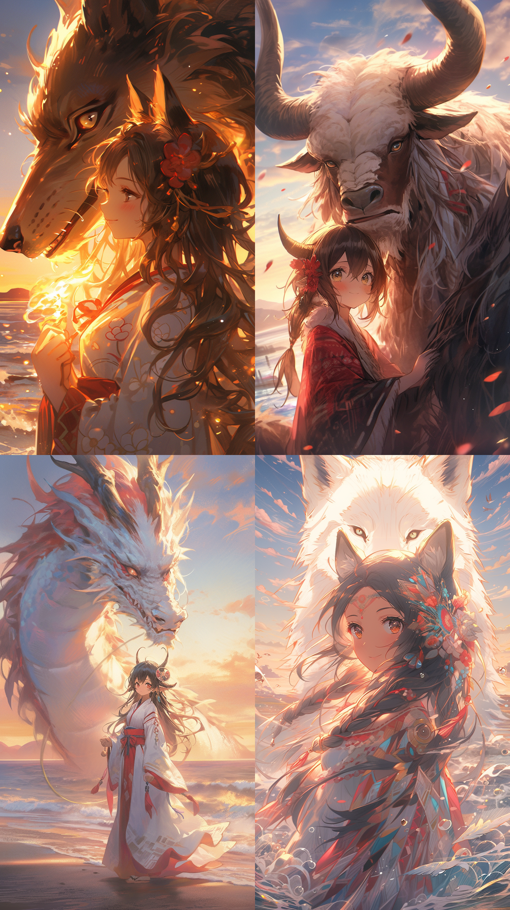 少女与神兽，日落下的海边，温暖的色调，柔和的光线，少女身穿传统和服，微笑着与神兽对视。风吹动少女的长发，神兽的羽毛在空中舞动。细节丰富，画面唯美。动漫风格，水彩画效果，背景虚化，温情，自由，和谐，宁静。