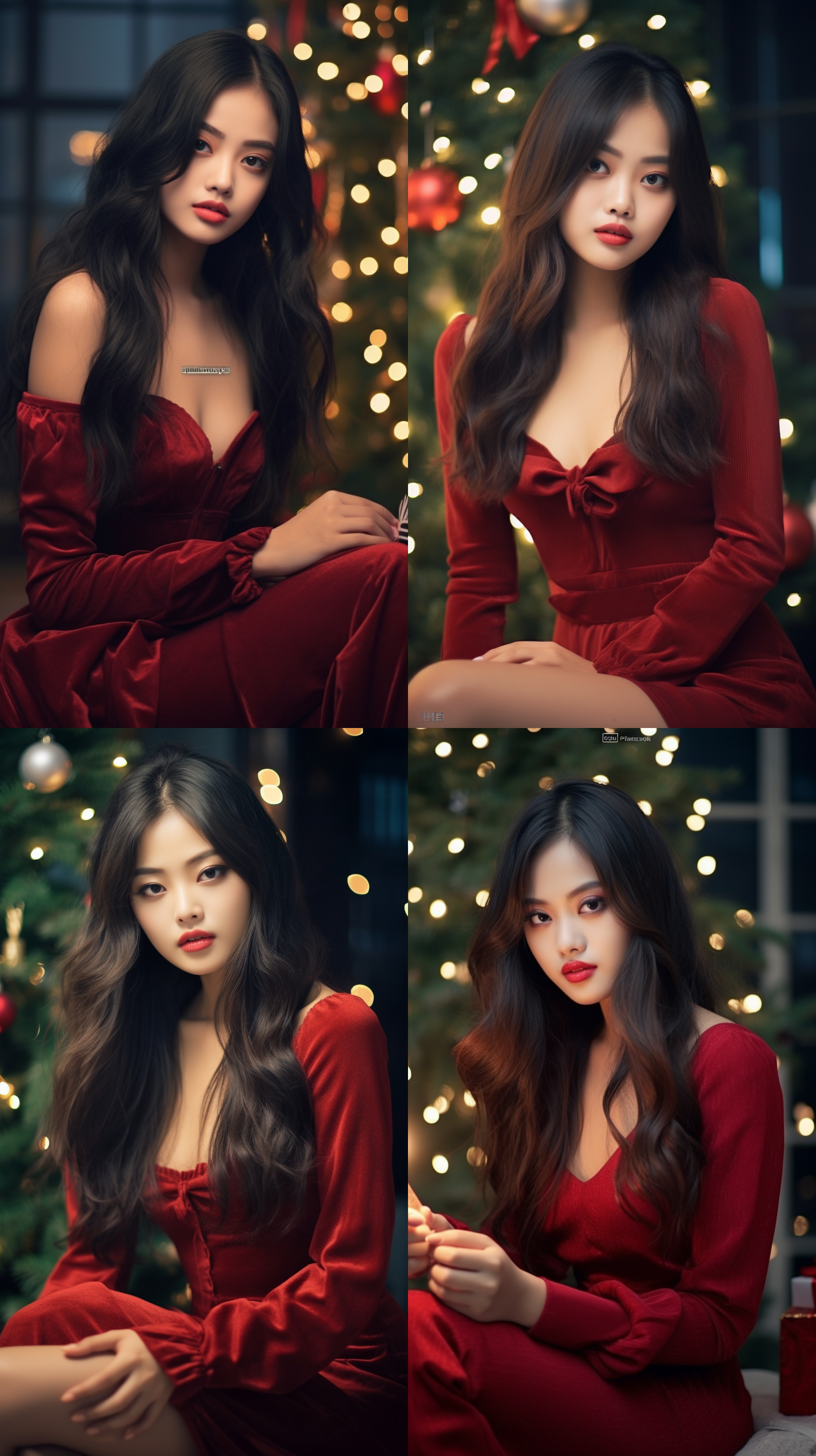 a beautiful asian women with long hair and a bow in her hair sitting in front of a christmas tree with a christmas card, wearing red chest-length dresses,facing the camera, beautiful,soft candle light,knees up ,velvet,relaxed,dslr,bedroom,long shot(ls),best quality