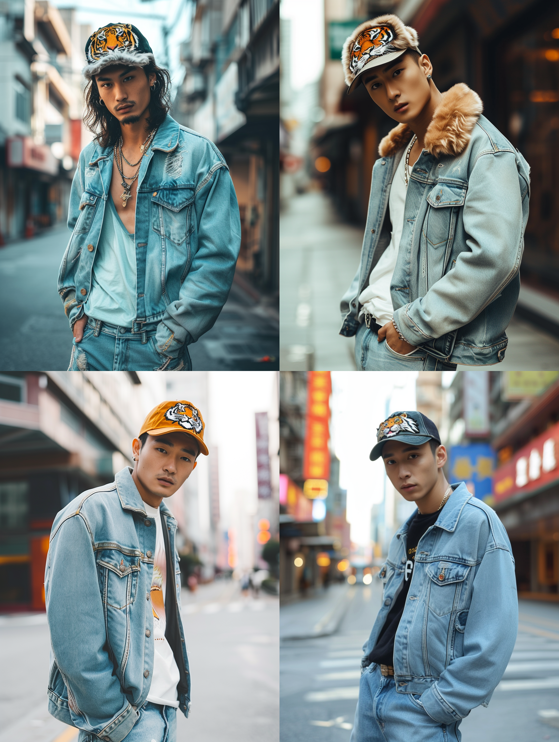 英俊的亚洲男人，宽松浅蓝色牛仔裤，鸭舌帽上有毛虎头刺绣，动态姿势，城市街头，精致的发型，逼真的摄影风格，丰富的细节