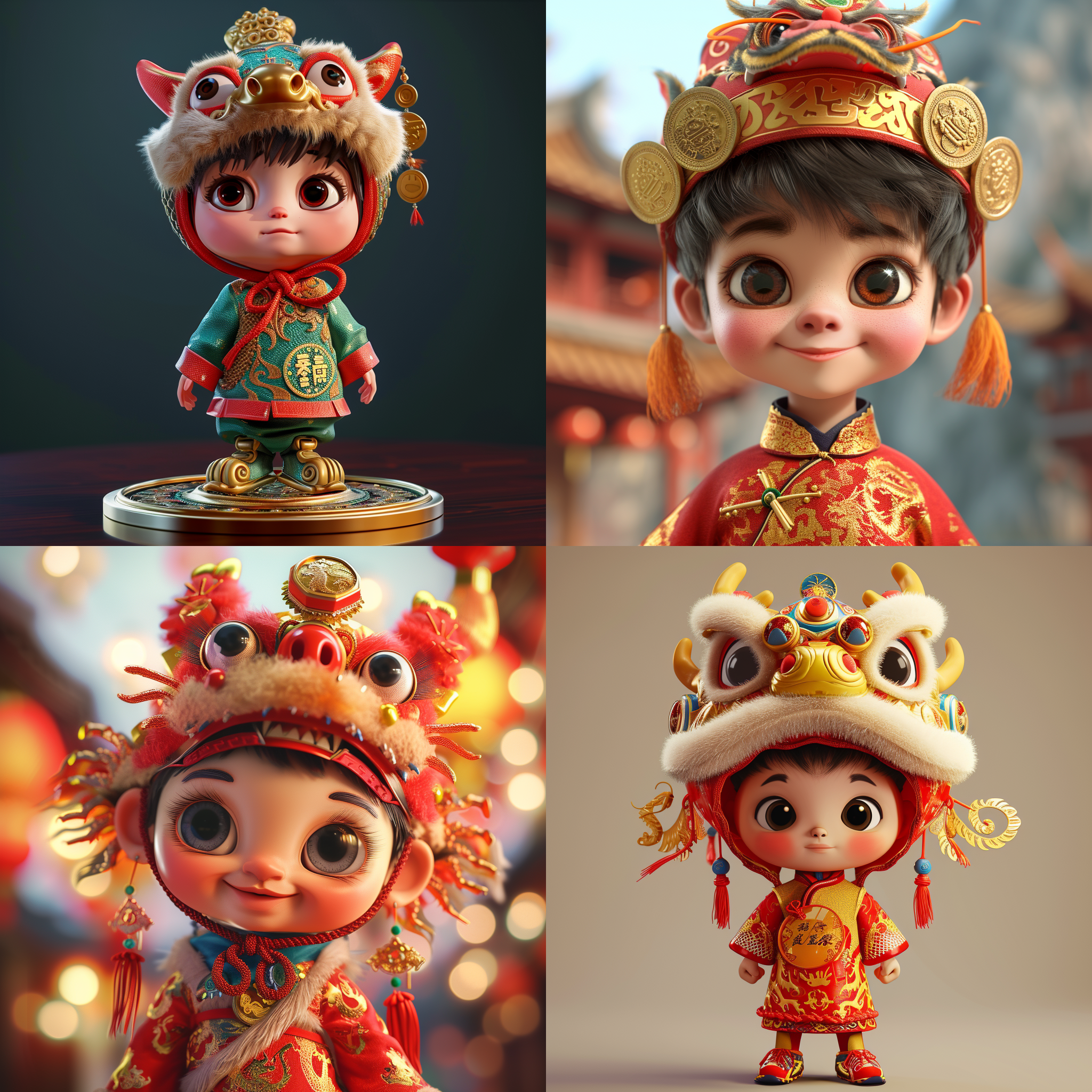 prompt. 中国龙帽男孩，皮克斯风格，全身镜头，金币图案，超细节，8k分辨率，树脂质感，强光照射，生动色彩，ip设计，3d渲染，可爱表情，龙年氛围。