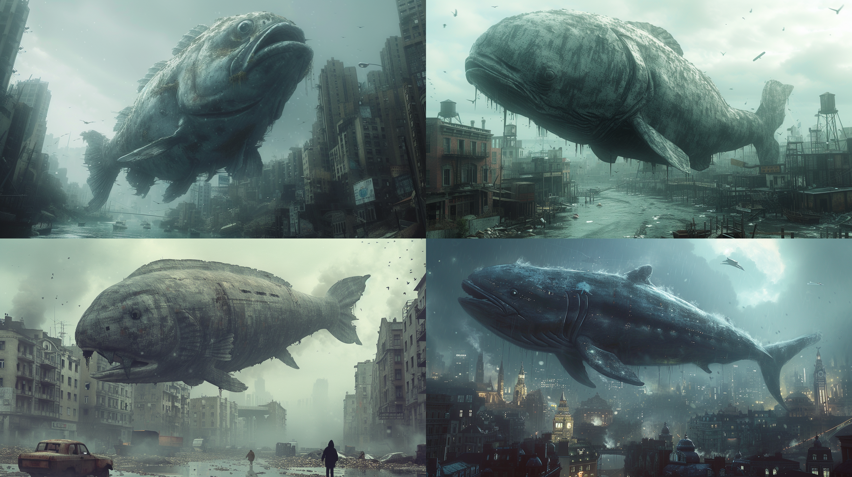 巨大鱼在空中，最高画质分辨率，电影质感，灰色调，末日城市，虚幻场景，未来主义情绪，震撼色彩。