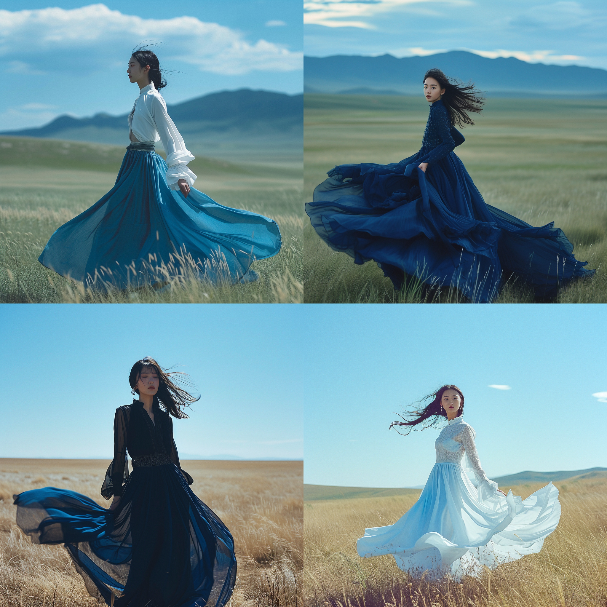 prompt. 中国模特, 蒙古高原, 大草原, 莫兰迪, 时装, 露天拍摄, 自然光, 中长焦镜头, 飘逸长裙, 高贵气质, 蓝色调, 悠闲自在。