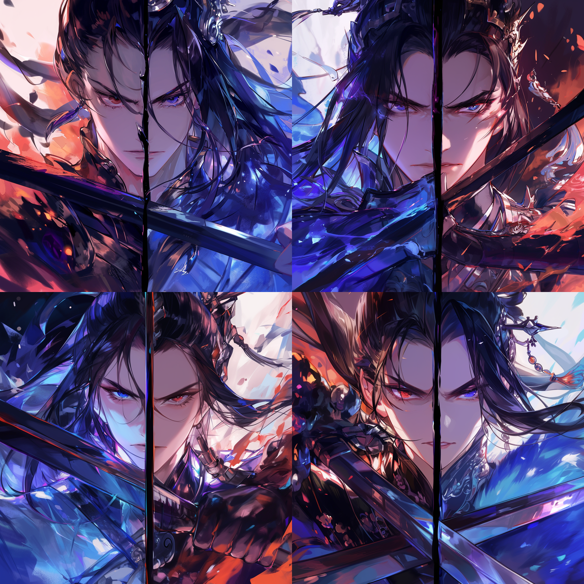 prompt. 盘古与女娲对峙，画家风格，镜像分割，特写，迷人眼神，漫画，动态漫画小说，帝尊字样，左右分列。