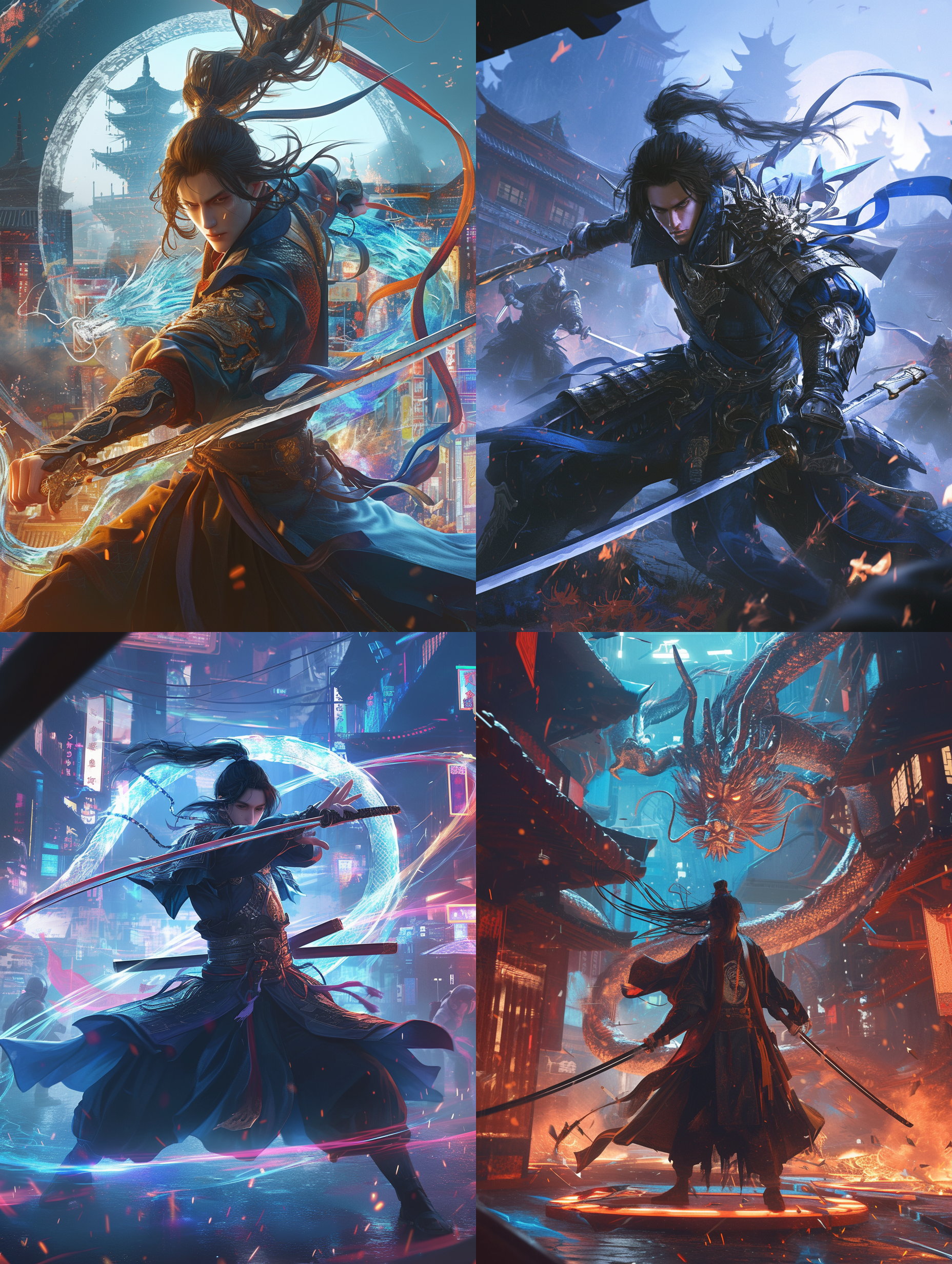 赛博朋克风格，中国古代侠客，长着一副演员李易峰的脸，全身，男性，身穿古代服饰，手握长剑，做着战斗的动作，前视图，赛博朋克街道背景，中景摄影，龙元素环绕，太极圆环，超高清，细节狂魔，梦幻引擎，3d数字渲染，uhd，视频拍摄，清晰外观设计，8k，莱卡镜头。