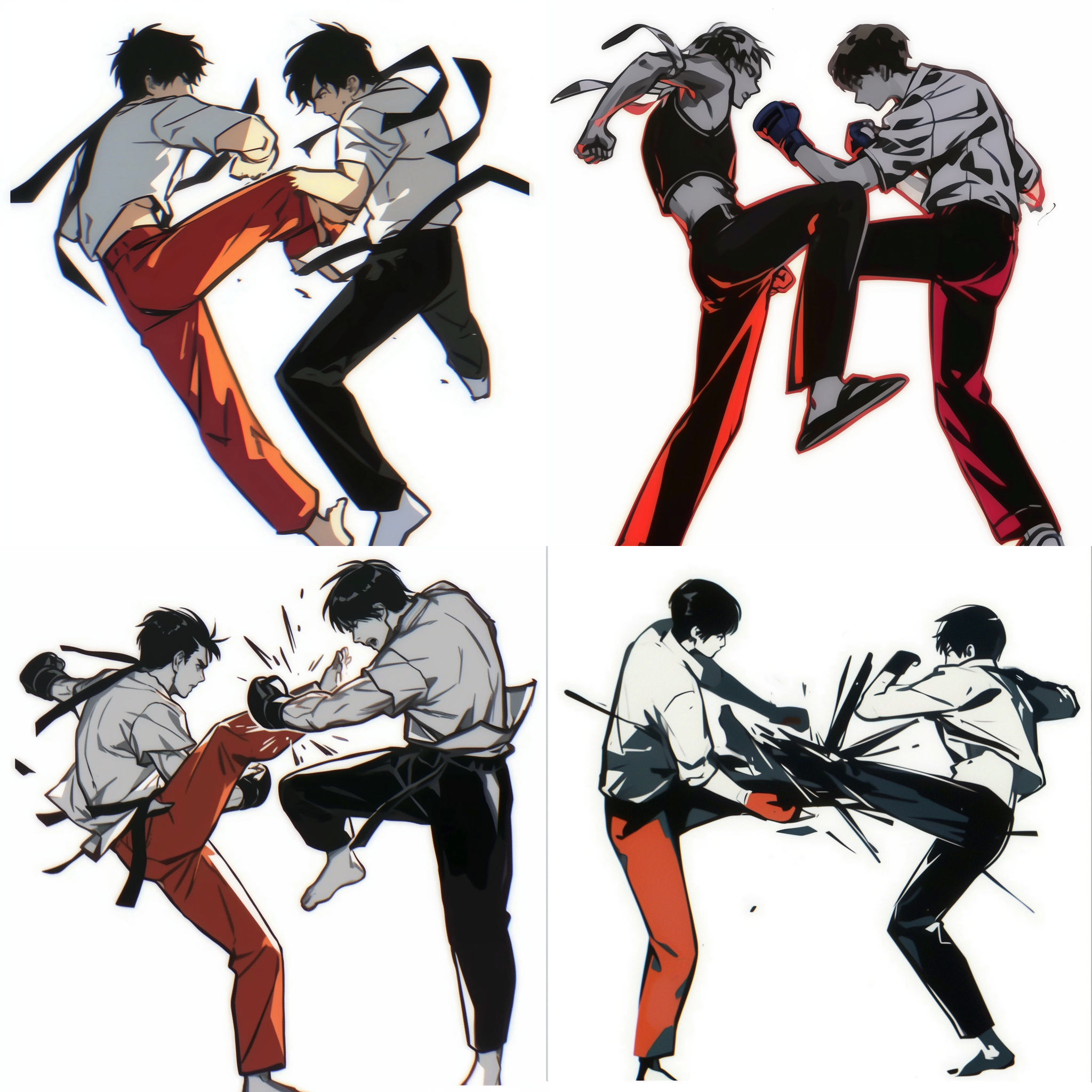 两人搏斗，肌肉线条清晰，其中一人身穿红色裤子，另一人身穿黑色裤子，力量感，