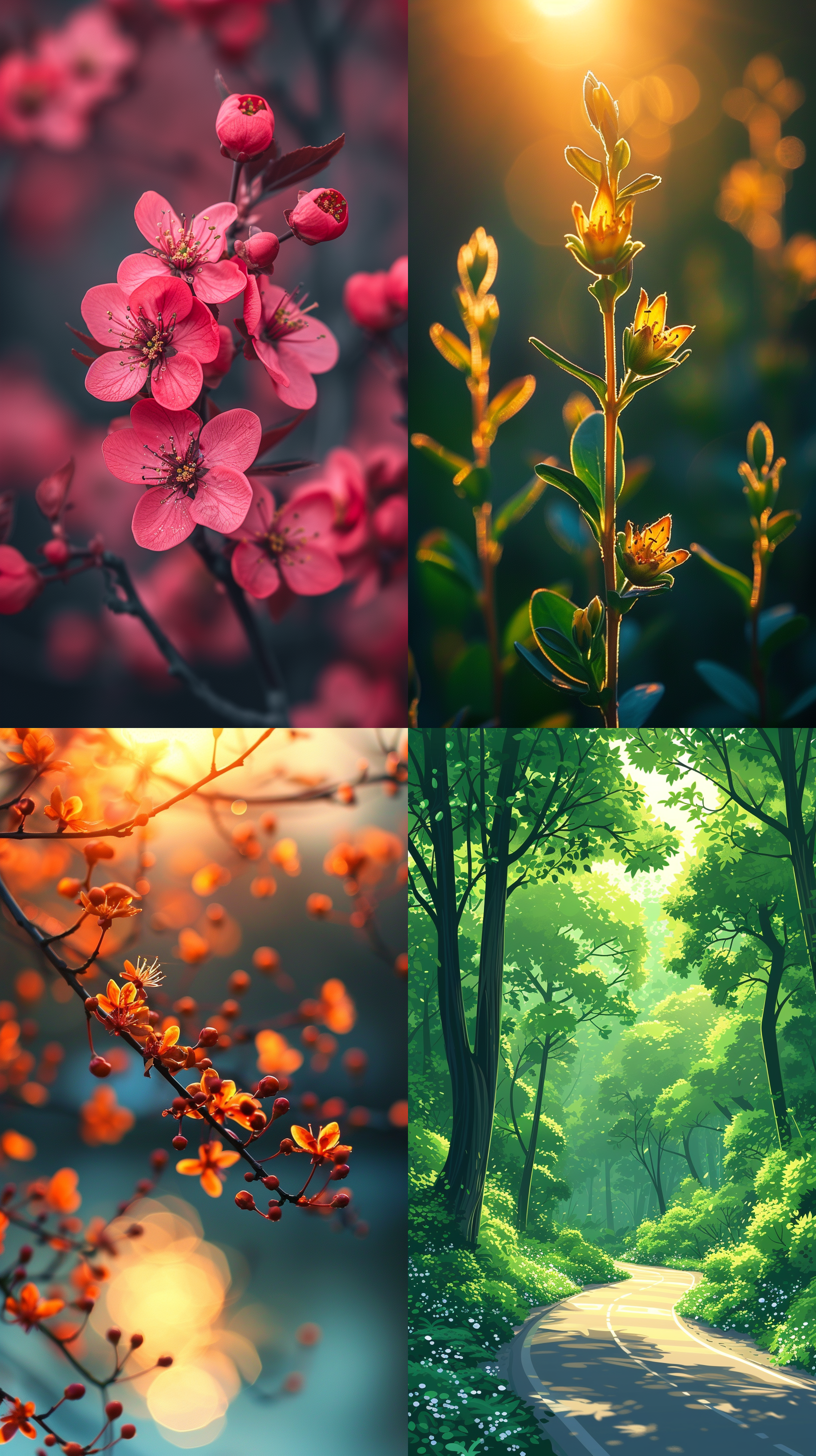 立春节气图，明亮色彩，细节丰富，暖色调，插画风格，祥和，诗意，律回岁晚冰霜少，春到人间草木知。眼前生意满，东风吹水绿参差。广角镜头，对角线布局，柔光，静态，花草树木，欢快，温暖，希望。