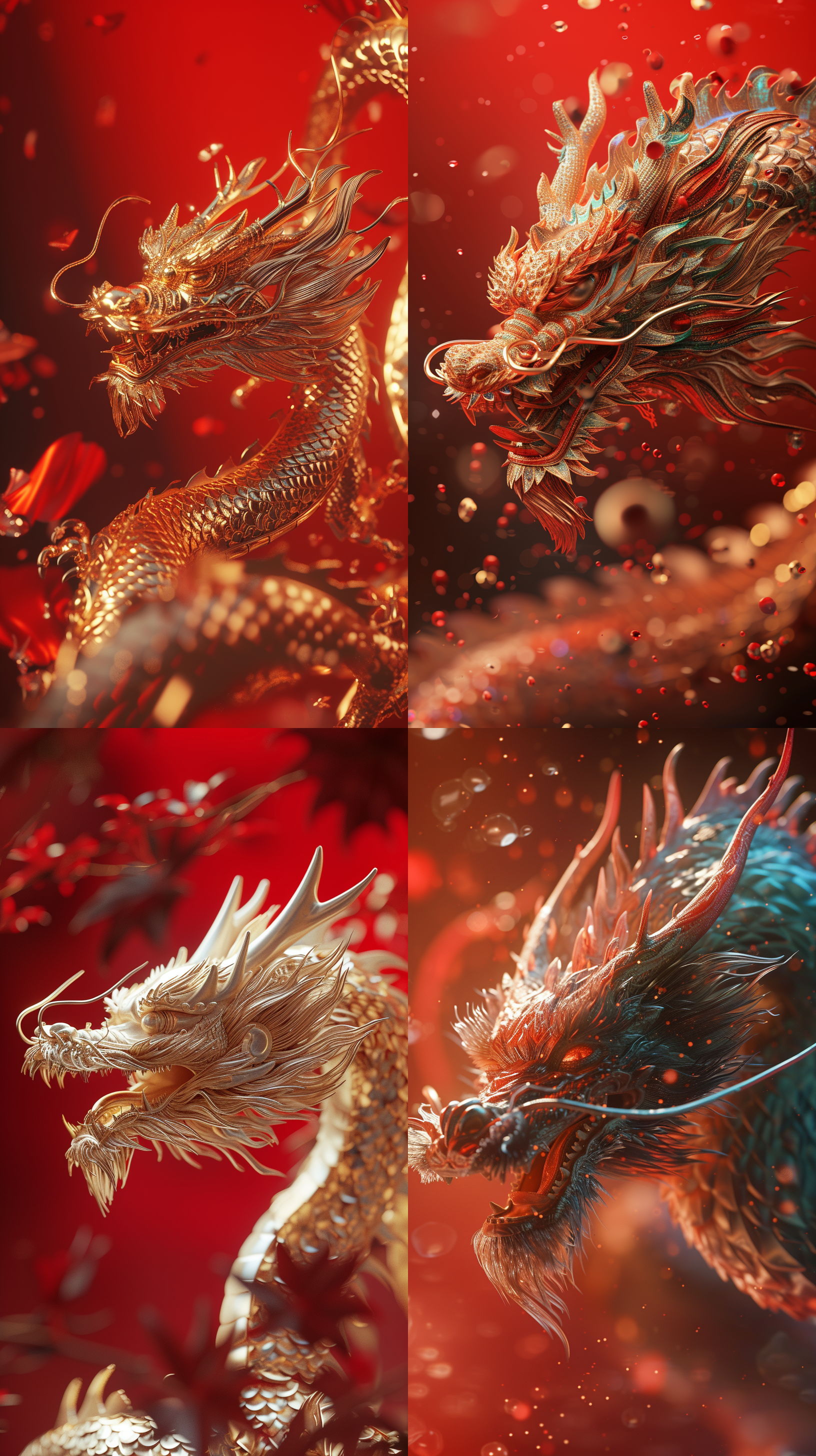 新年龙壁纸，立体浮雕，威武霸气，3d渲染，细节惟妙惟肖，红色背景，俯瞰角度，闪耀光芒，8k画质，搅拌机材质，树脂材质，uhd莱卡镜头，神话生物，新年插画。
