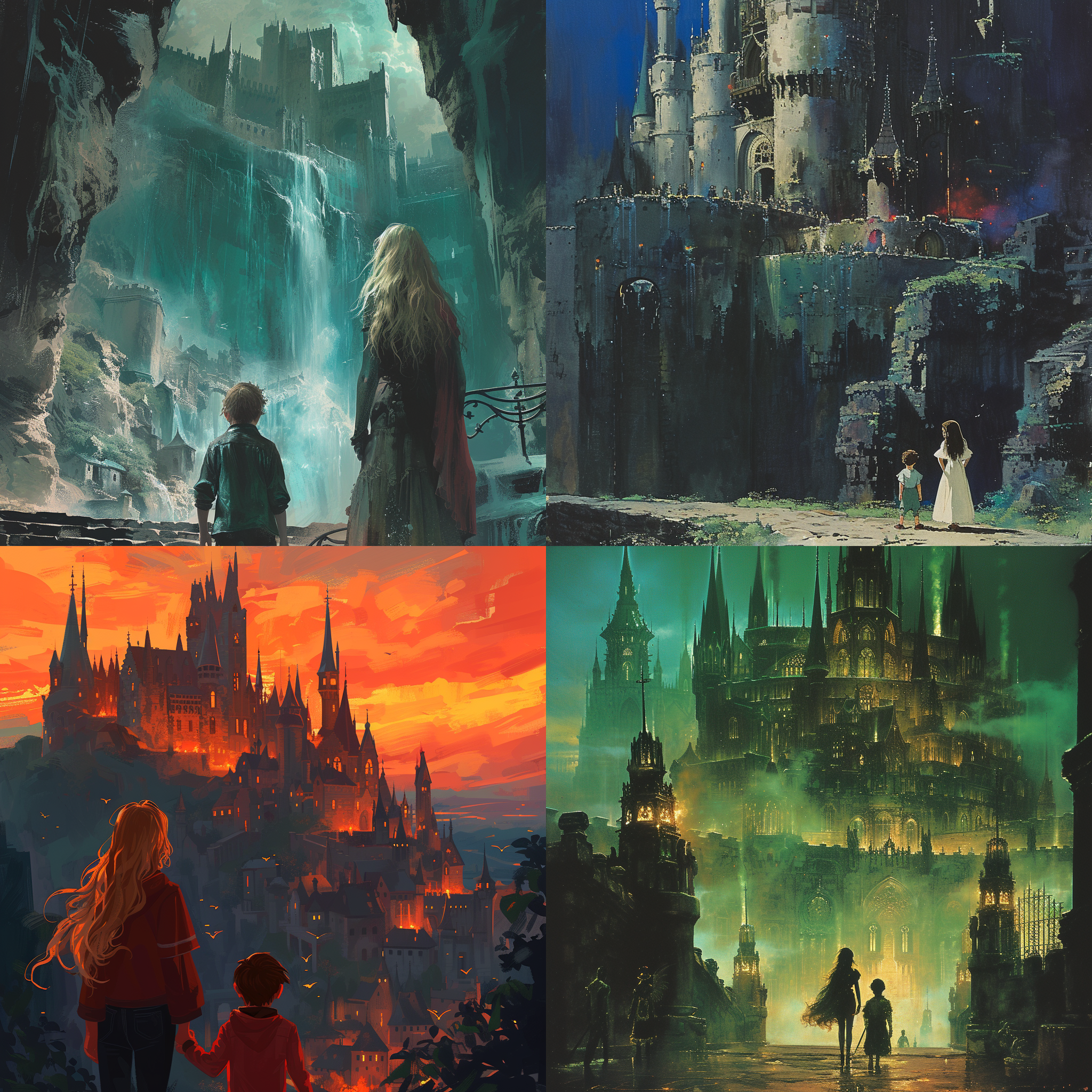 奇异地方的城堡，十七岁少女和稚嫩的小男孩还有众人 俯视角，画面展示整个城堡，少女和小男孩在其中 远景，突出城堡的规模和壮丽 城堡散发出神秘和诱人的氛围，少女好奇地看着城堡，小男孩充满期待地望着城堡 城堡有着独特的建筑风格和装饰细节，少女有着漂亮的外貌和年轻的气质，小男孩表现出天真可爱的样子 昏暗而幽雅的灯光，照亮城堡的一角和少女的面部 风格: 探险故事中的场景插画风格，突出城堡的神秘和主人公们的冒险精神