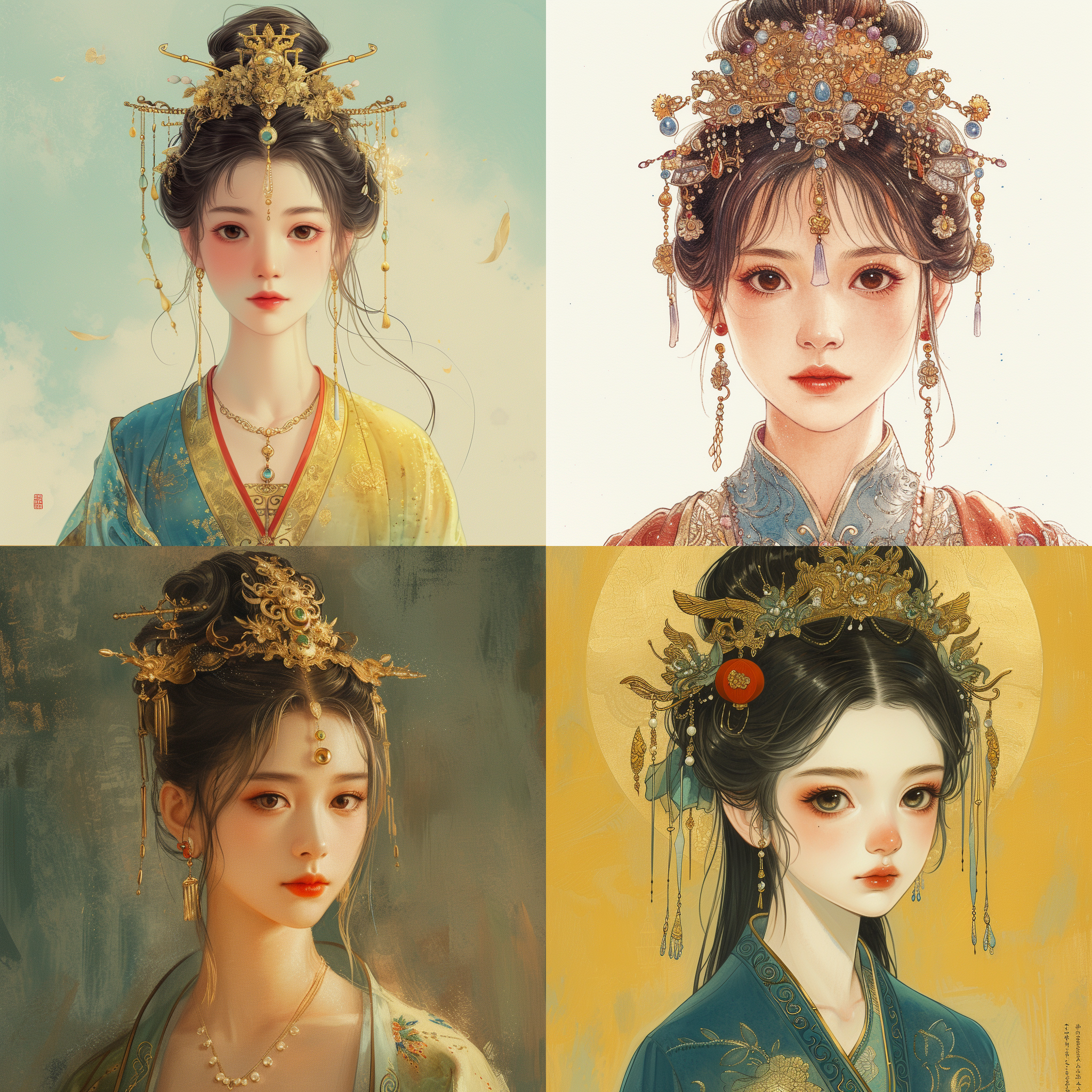 中国古典美女，头戴王冠，宫崎骏风格