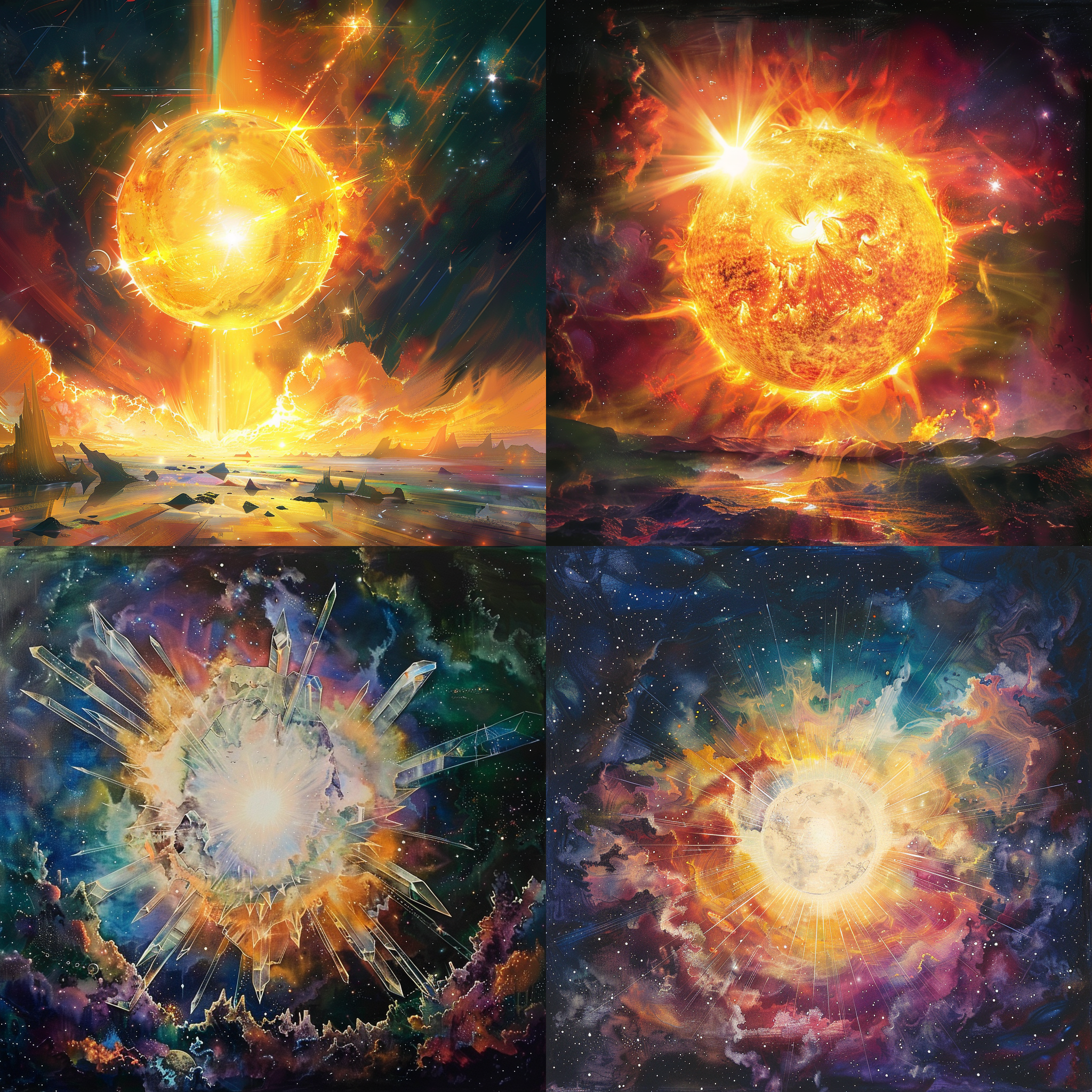 透明水晶太阳，位于无边无际的宇宙中心，照耀着宇宙的一切。水晶太阳呈现出闪烁的光芒，周围环绕着绚丽多彩的星云和星体。整个景象给人一种神秘而壮观的感觉。水晶太阳散发出温暖的光芒，照亮了周围的一片黑暗。整个画面充满了宇宙的奇幻和浩瀚。水晶太阳的透明度令人惊叹，给人一种超现实的感觉。光线的折射和反射在水晶太阳上形成了美丽的色彩。