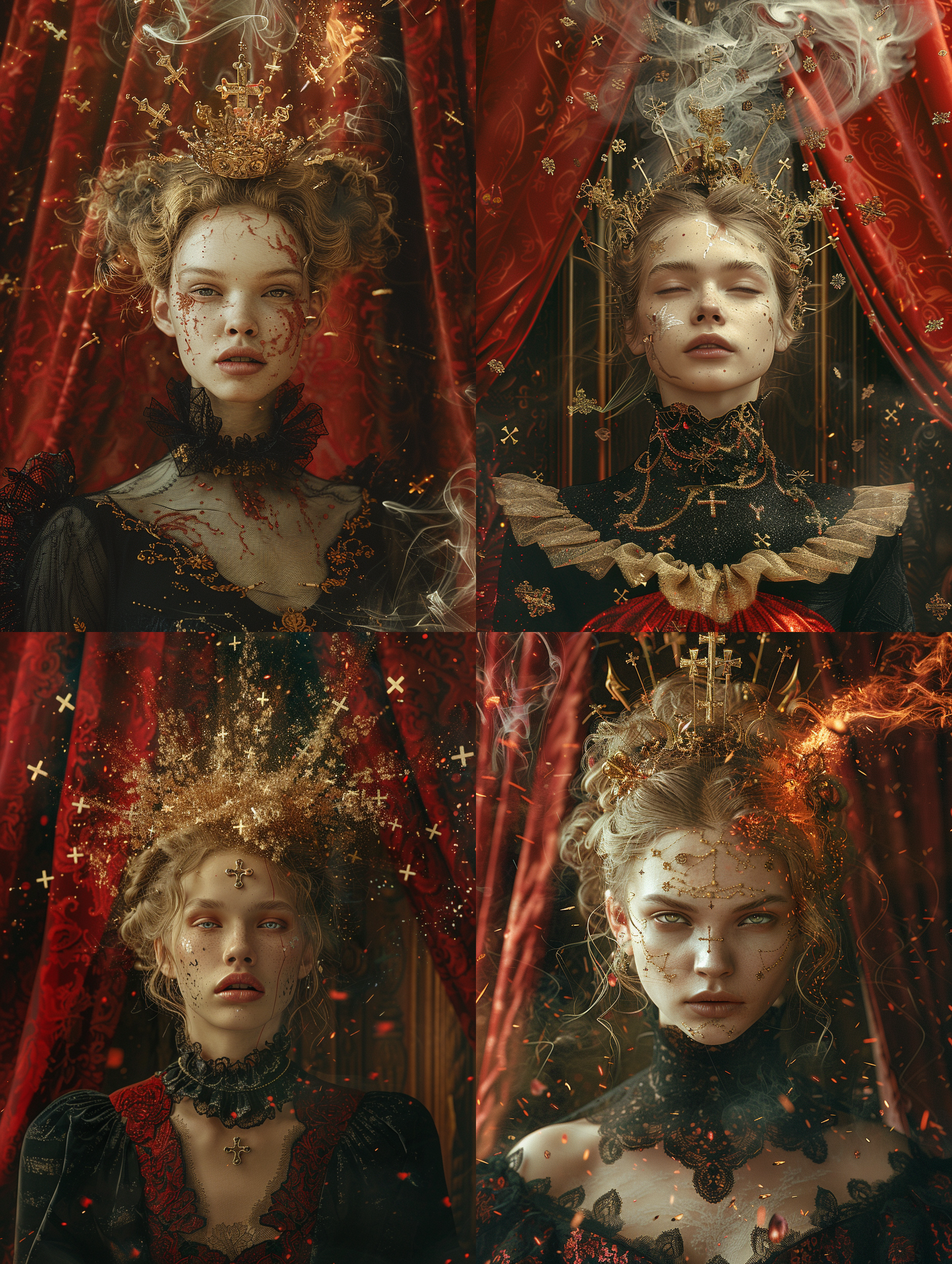 a woman with a gold ctosses on her head and a red and black dress on her shoulders and neckline, with many crosses on her head，and a red curtain behind her， and a little fire around her，with a little smoke coming out of her face, unreal engine, a storybook illustration, alberto seveso, fantasy art ，a marble sculpture, aileen eagleton, art photography