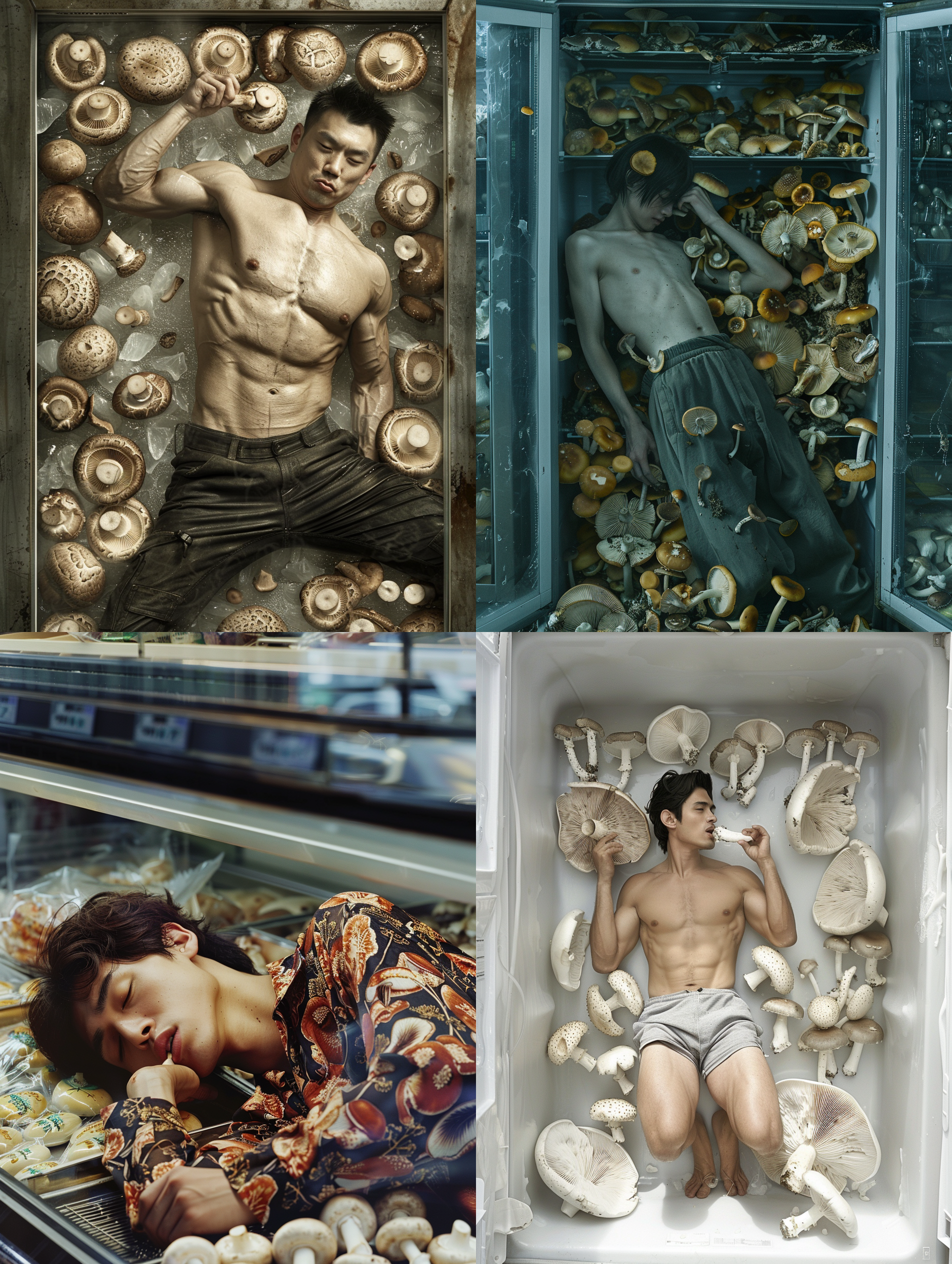 英俊的亚洲男人，躺在超市的大冰柜里，咬着蘑菇，敞开上衣，宽松长裤，肌肉，许多种类的蘑菇摆在周围，极致细节,真实摄影风格，动态姿势，迷幻灯光。