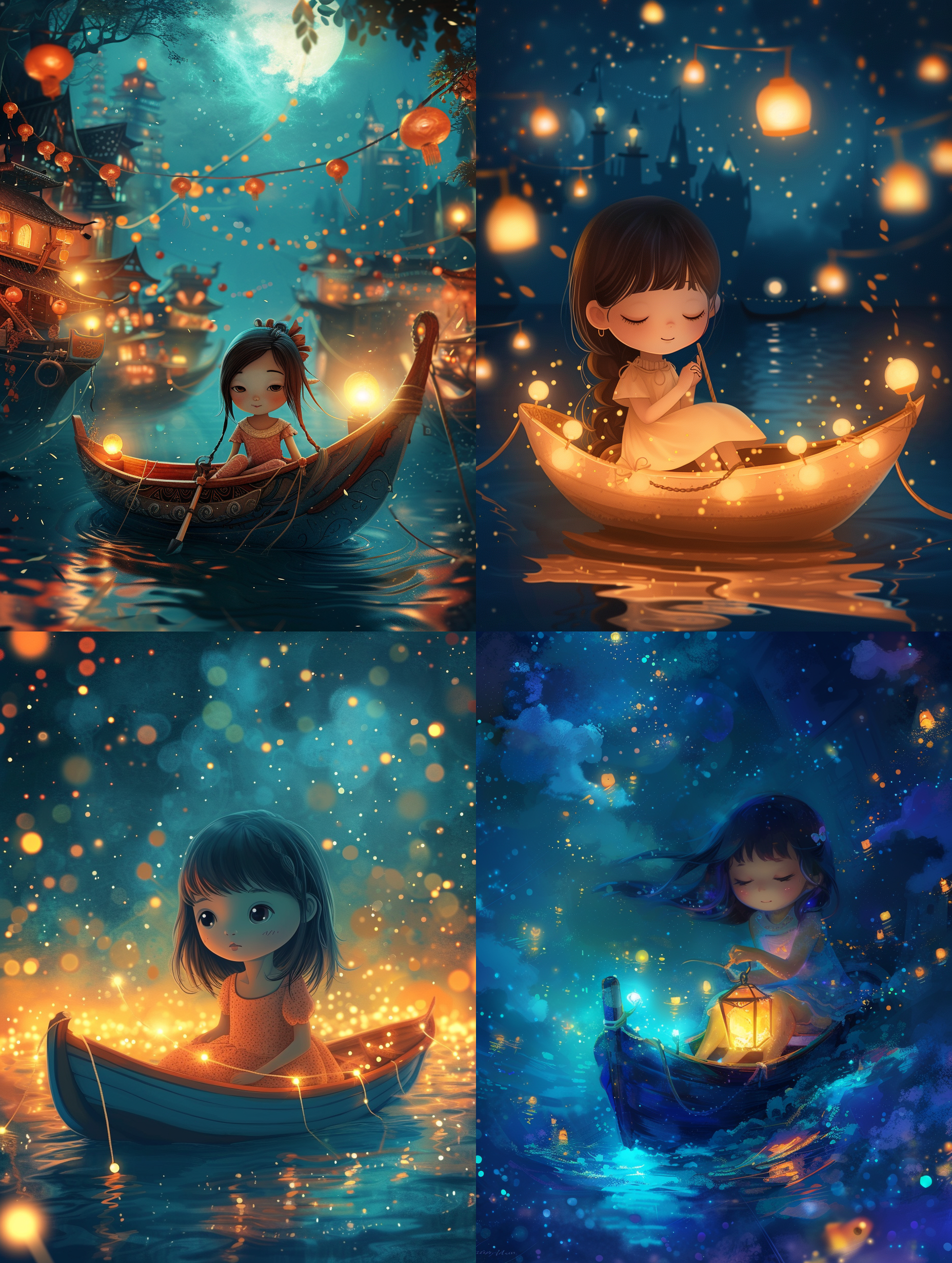 jm的卡通娃娃，风格是发光和梦幻船的场景，可爱的卡通设计