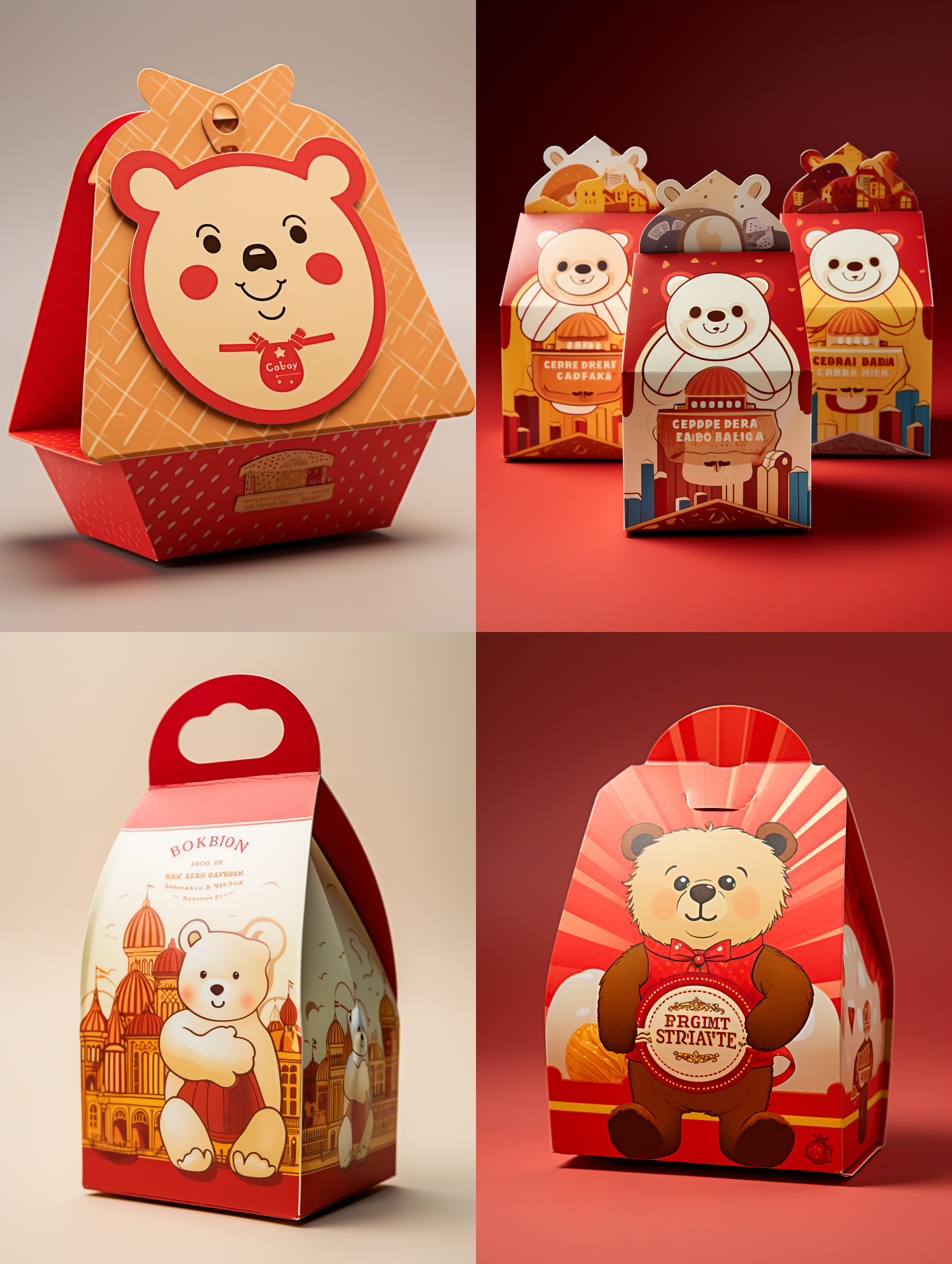 一个造型独特的零食包装盒，大胆的想象，淡金色与红色主色调，卡通风格,梦幻般的插画，小熊元素，瓦楞纸材质,三色印刷，高细节,产品摄影，影棚光照