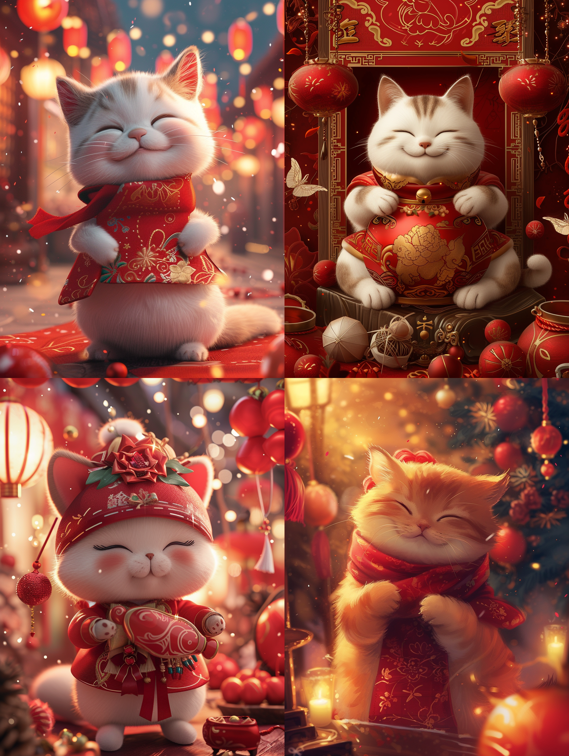 快乐、温馨，以红色为主的调色板，传递节日的热闹氛围 小喵咪在充满新年气氛的空间，欢快地庆祝新的一年 它用可爱的模样和欢快的动作为您带来快乐和祝福。
