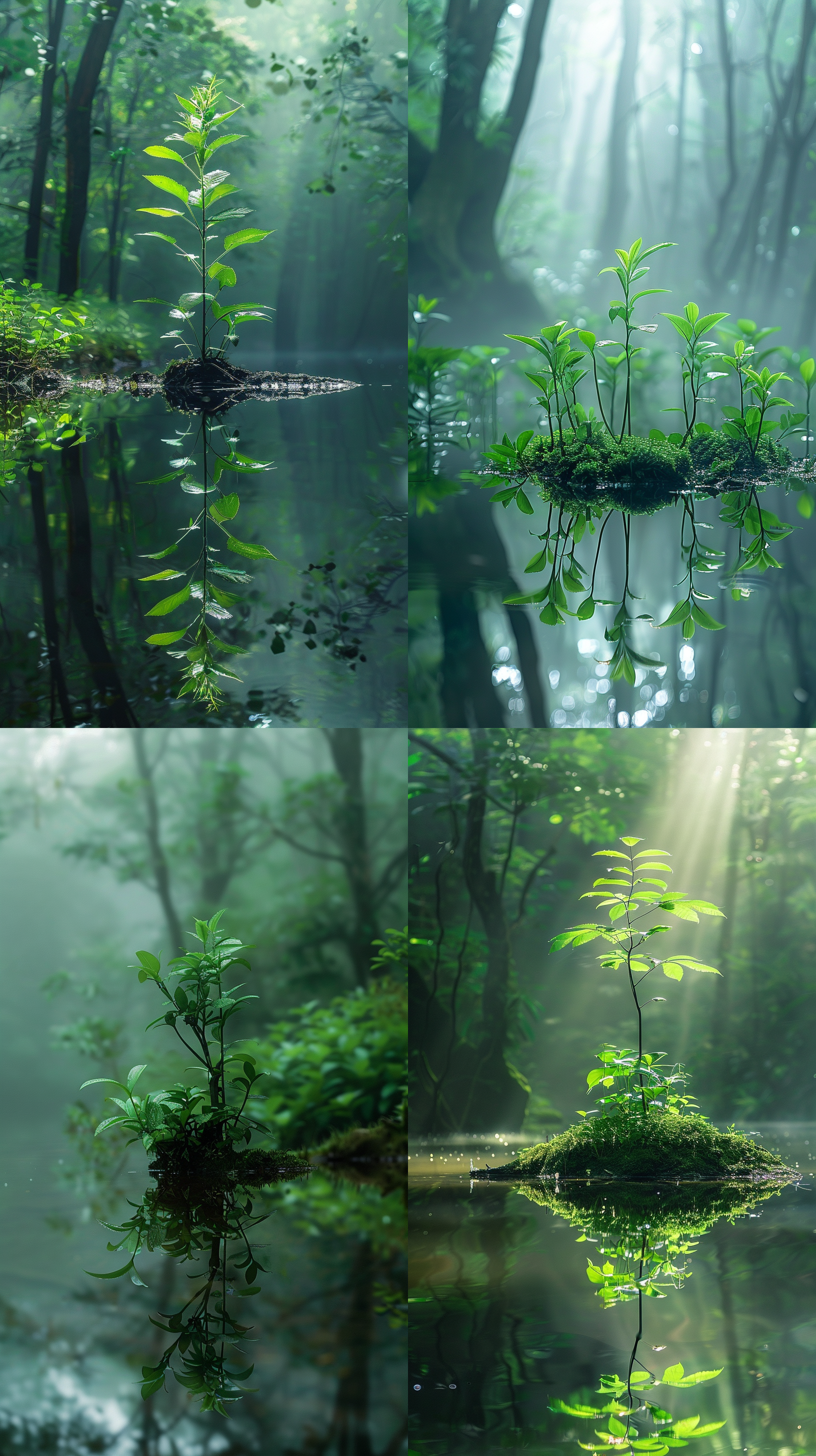 绿色植物，丁达尔光线，水面倒影，清晨，森林，迷雾，长焦镜头，静态，平衡，祥和，自然。