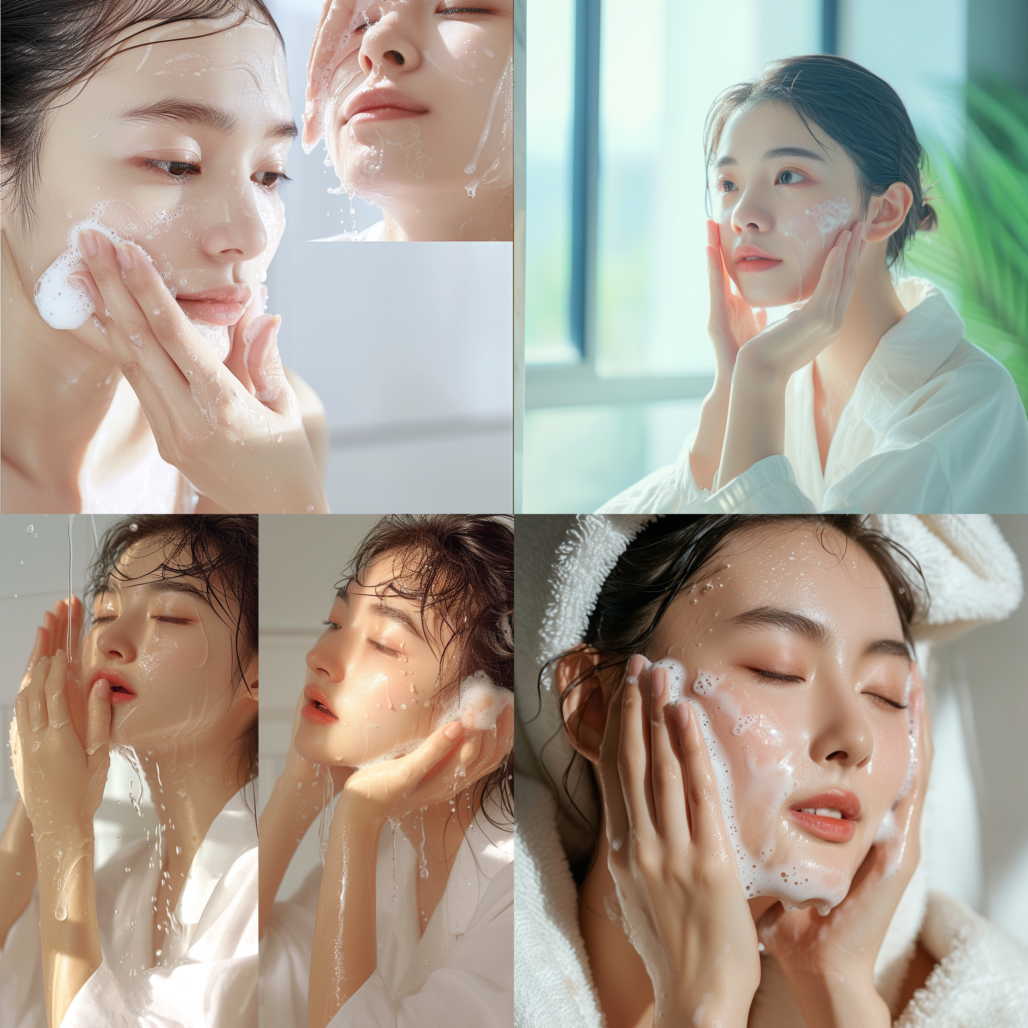 极肤卸妆油广告，女生在居家背景中洗脸。构图简洁，白色居家服与皮肤形成鲜明对比。使用广角镜头展现整个场景，柔和的侧光照亮她的面容。快门捕捉到她洗脸的动作，表达出清新、舒适的感觉。肤色明亮，色调温暖，体现产品的温和护肤效果。