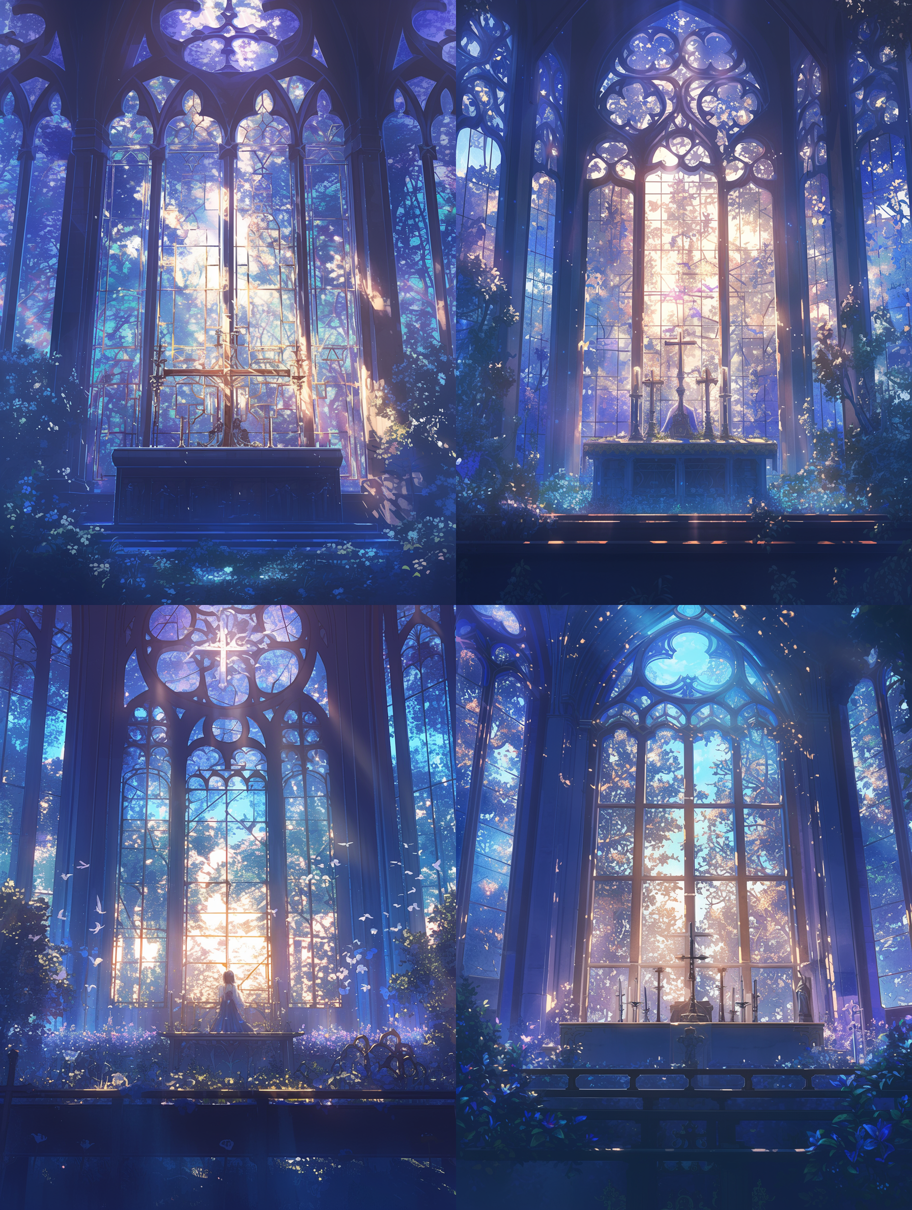 上形成了一个十字形，象征着宗教信仰和永恒的爱。 prompt. 玻璃花格窗，光影，神圣，宽镜头，静态，无人，中性色调，百合花，地面，十字形，宗教信仰，永恒的爱。